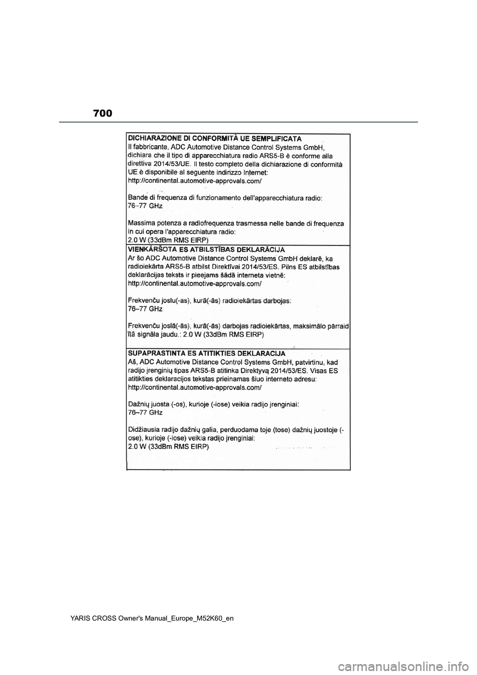 TOYOTA YARIS CROSS 2021  ΟΔΗΓΌΣ ΧΡΉΣΗΣ (in Greek) 700
YARIS CROSS Owners Manual_Europe_M52K60_en 