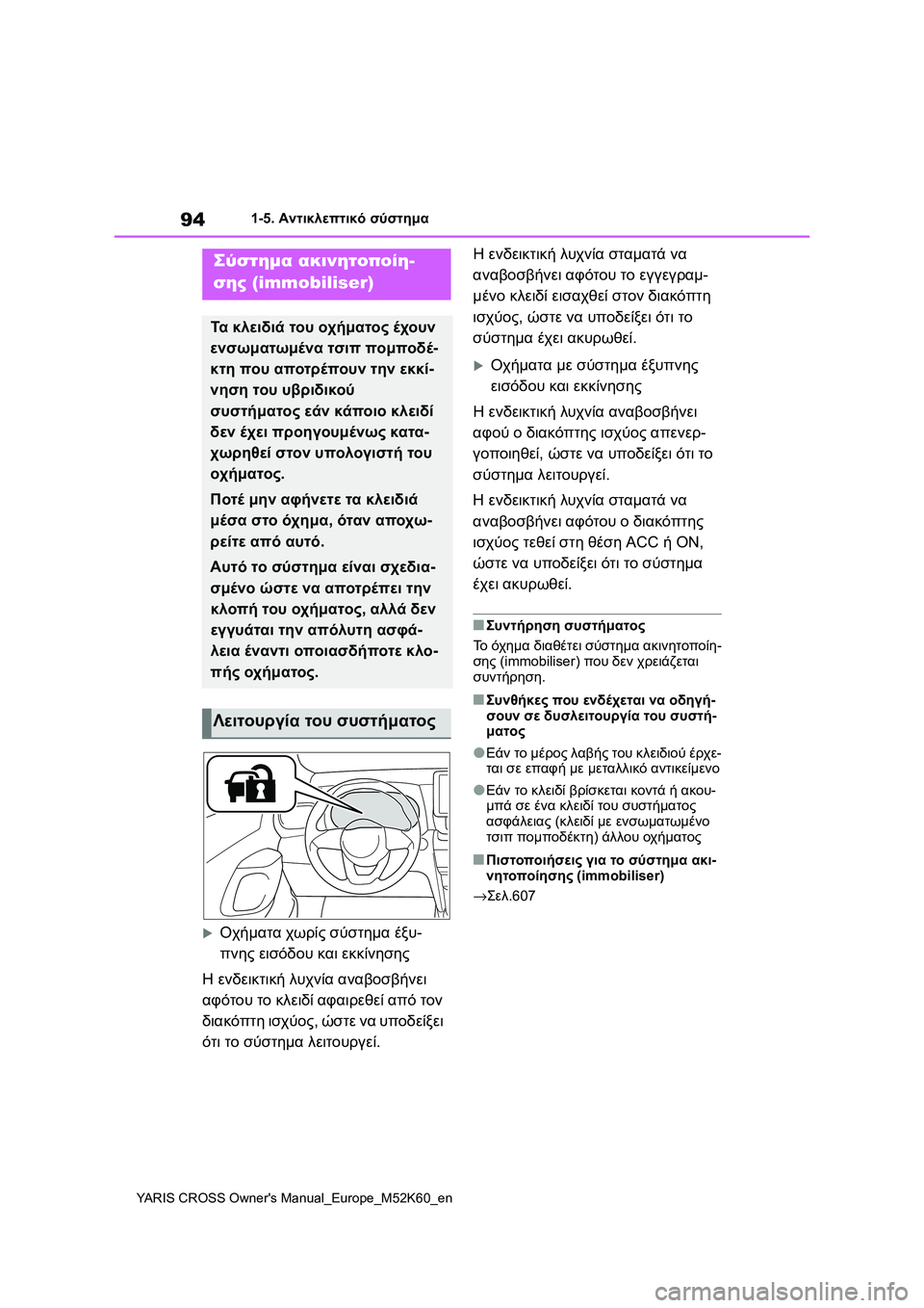 TOYOTA YARIS CROSS 2021  ΟΔΗΓΌΣ ΧΡΉΣΗΣ (in Greek) 94
YARIS CROSS Owners Manual_Europe_M52K60_en
1-5. Αντικλεπτικό σύστημα
1-5.Αντικλεπτικό σύστημα
Οχήματα χωρίς σύστημα έξυ-
πνης ε