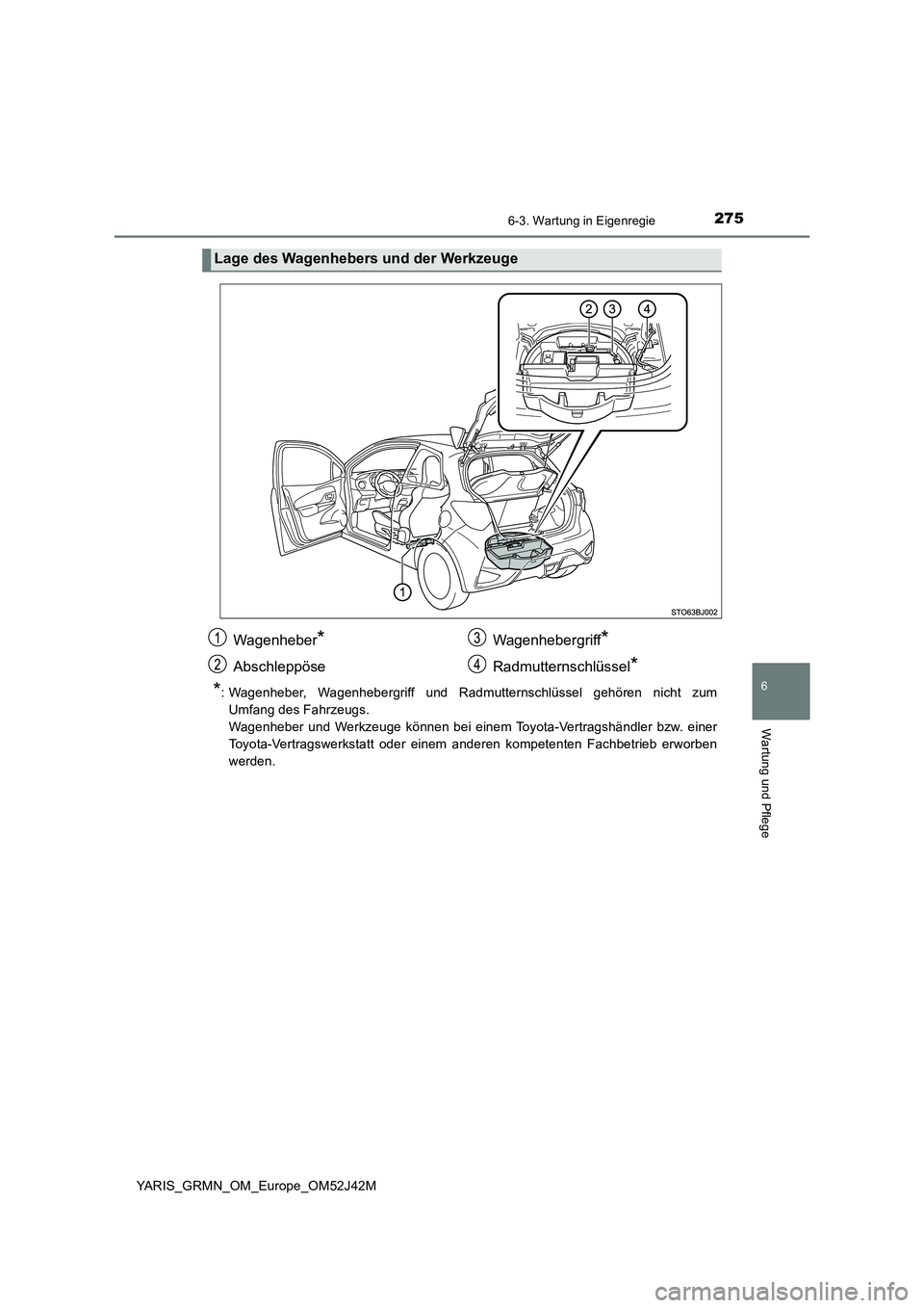TOYOTA YARIS GRMN 2017  Betriebsanleitungen (in German) 2756-3. Wartung in Eigenregie
YARIS_GRMN_OM_Europe_OM52J42M
6
Wartung und Pflege
*: Wagenheber, Wagenhebergriff und Radmutternschlüssel gehören nicht zum 
Umfang des Fahrzeugs. 
Wagenheber und Werkz