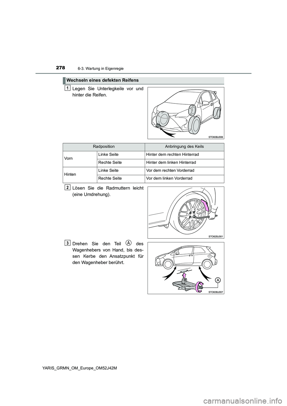 TOYOTA YARIS GRMN 2017  Betriebsanleitungen (in German) 2786-3. Wartung in Eigenregie
YARIS_GRMN_OM_Europe_OM52J42M
Legen Sie Unterlegkeile vor und 
hinter die Reifen. 
Lösen Sie die Radmuttern leicht 
(eine Umdrehung). 
Drehen Sie den Teil   des 
Wagenhe