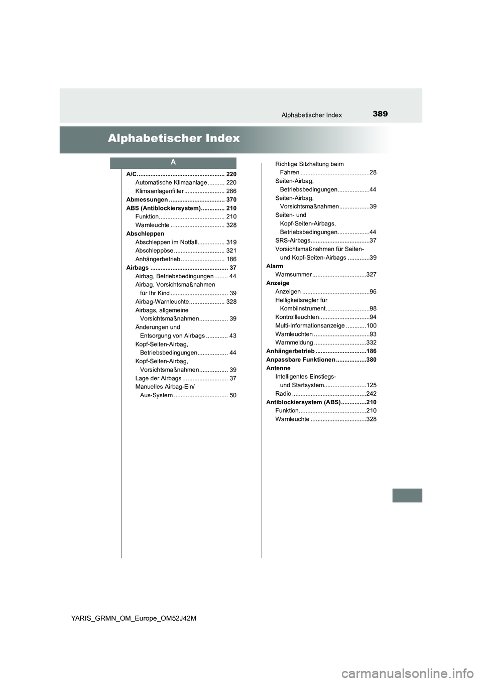 TOYOTA YARIS GRMN 2017  Betriebsanleitungen (in German) 389Alphabetischer Index
YARIS_GRMN_OM_Europe_OM52J42M
Alphabetischer Index
A/C .................................................... 220 
Automatische Klimaanlage .......... 220 
Klimaanlagenfilter ...