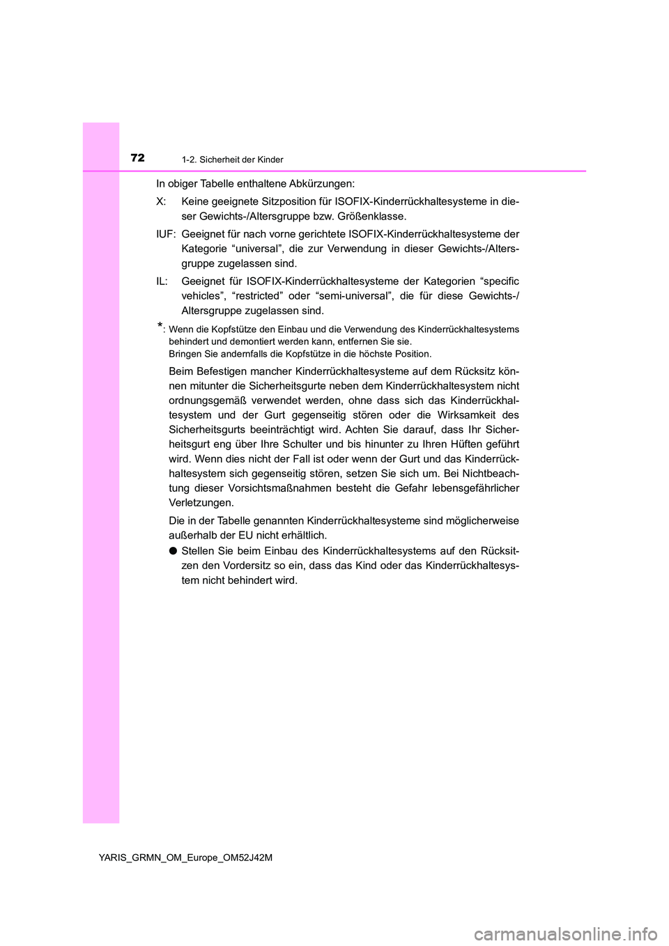 TOYOTA YARIS GRMN 2017  Betriebsanleitungen (in German) 721-2. Sicherheit der Kinder
YARIS_GRMN_OM_Europe_OM52J42M
In obiger Tabelle enthaltene Abkürzungen: 
X: Keine geeignete Sitzposition für ISOFIX-Kinderrückhaltesysteme in die- 
ser Gewichts-/Alters