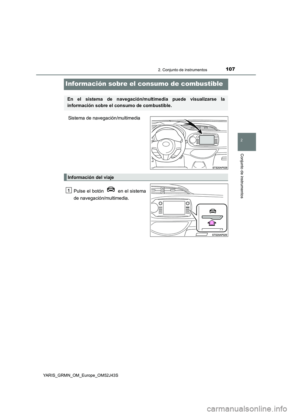 TOYOTA YARIS GRMN 2017  Manuale de Empleo (in Spanish) 107
2
2. Conjunto de instrumentos
Conjunto de instrumentos
YARIS_GRMN_OM_Europe_OM52J43S
Información sobre el consumo de combustible
Sistema de navegación/multimedia 
Pulse el botón   en el sistema
