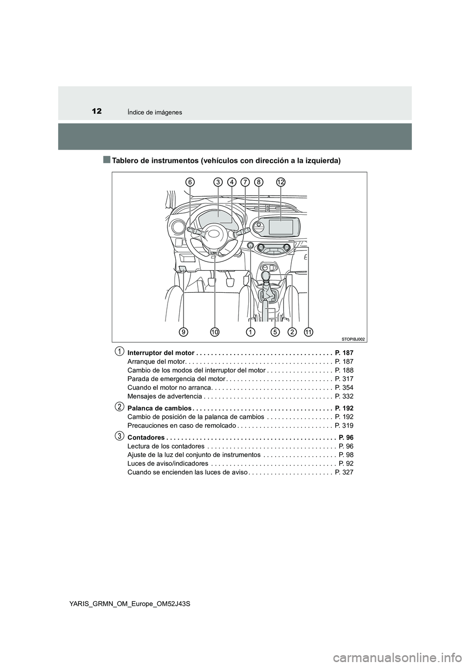 TOYOTA YARIS GRMN 2017 Manuale de Empleo (in Spanish) 12Índice de imágenes
YARIS_GRMN_OM_Europe_OM52J43S
■Tablero de instrumentos (vehículos con dirección a la izquierda)
Interruptor del motor . . . . . . . . . . . . . . . . . . . . . . . . . . . . TOYOTA YARIS GRMN 2017 Manuale de Empleo (in Spanish) 12Índice de imágenes
YARIS_GRMN_OM_Europe_OM52J43S
■Tablero de instrumentos (vehículos con dirección a la izquierda)
Interruptor del motor . . . . . . . . . . . . . . . . . . . . . . . . . . . .