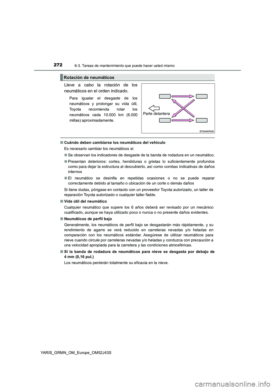 TOYOTA YARIS GRMN 2017  Manuale de Empleo (in Spanish) 2726-3. Tareas de mantenimiento que puede hacer usted mismo
YARIS_GRMN_OM_Europe_OM52J43S
Lleve a cabo la rotación de los 
neumáticos en el orden indicado.
Para igualar el desgaste de los 
neumátic