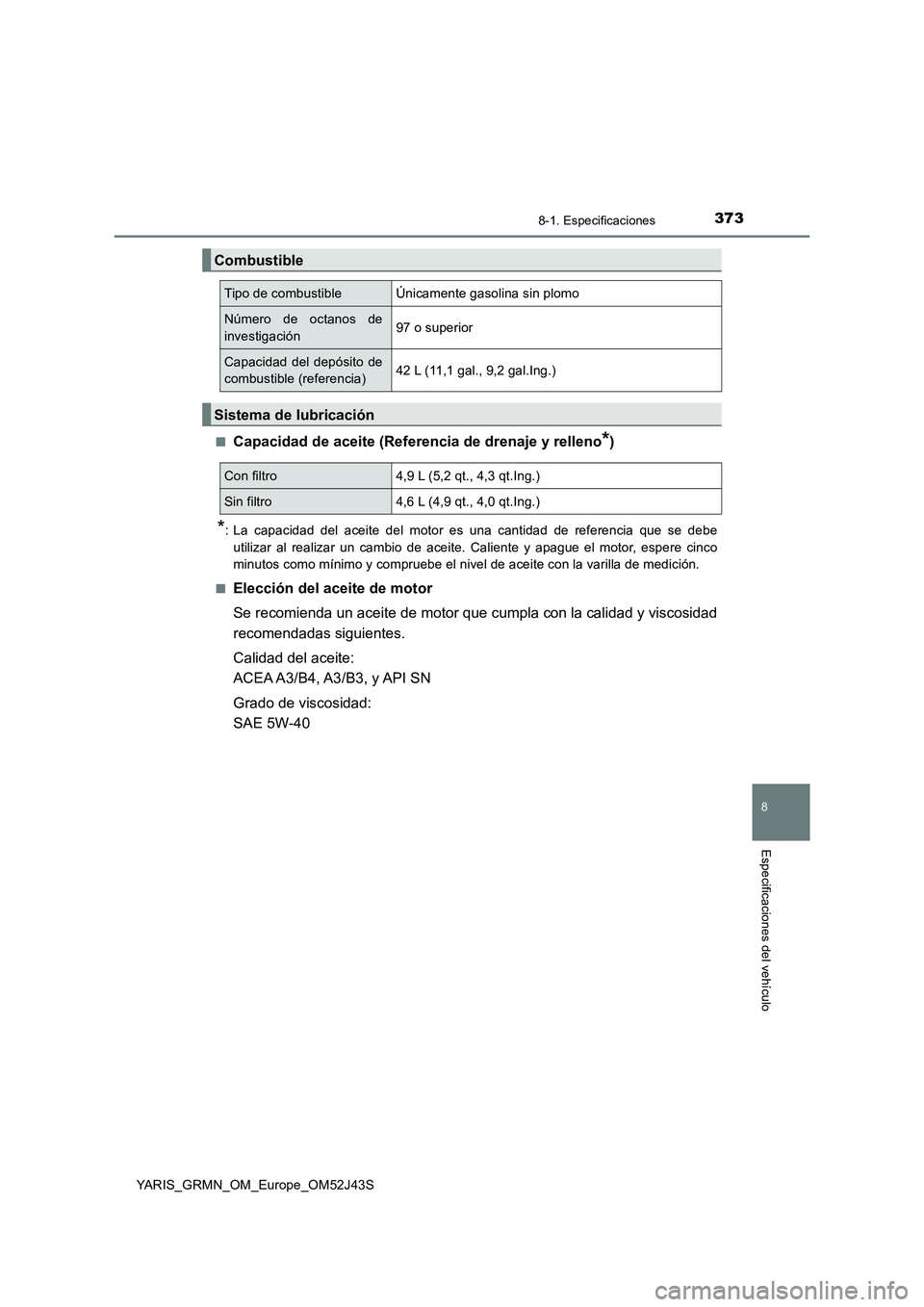 TOYOTA YARIS GRMN 2017  Manuale de Empleo (in Spanish) 3738-1. Especificaciones
8
Especificaciones del vehículo
YARIS_GRMN_OM_Europe_OM52J43S 
■Capacidad de aceite (Referencia de drenaje y relleno*)
*: La capacidad del aceite del motor es una cantidad 