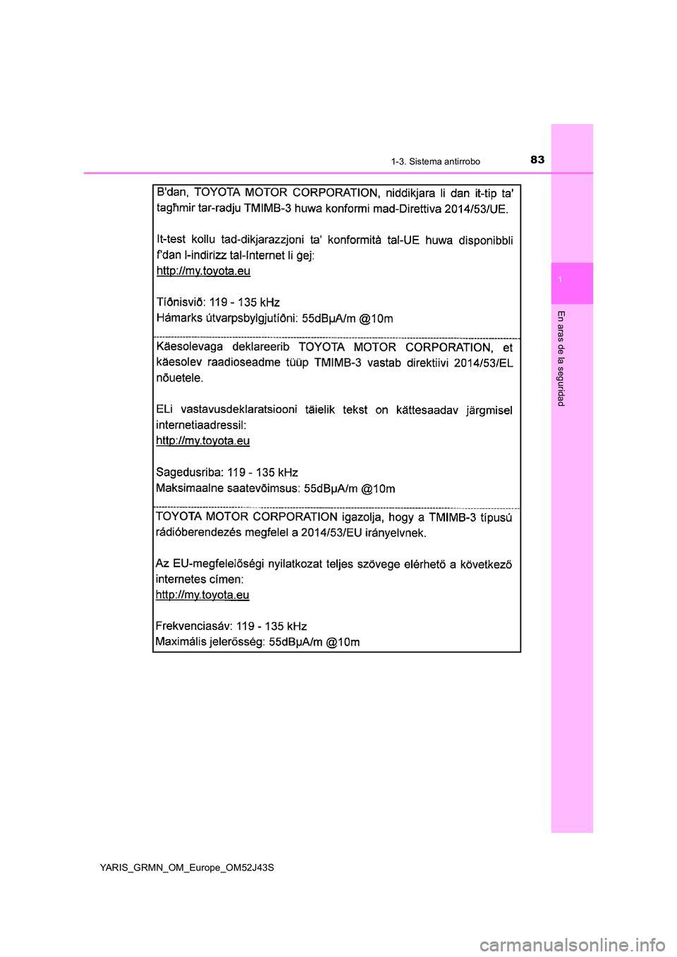 TOYOTA YARIS GRMN 2017  Manuale de Empleo (in Spanish) 831-3. Sistema antirrobo
1
En aras de la seguridad
YARIS_GRMN_OM_Europe_OM52J43S 