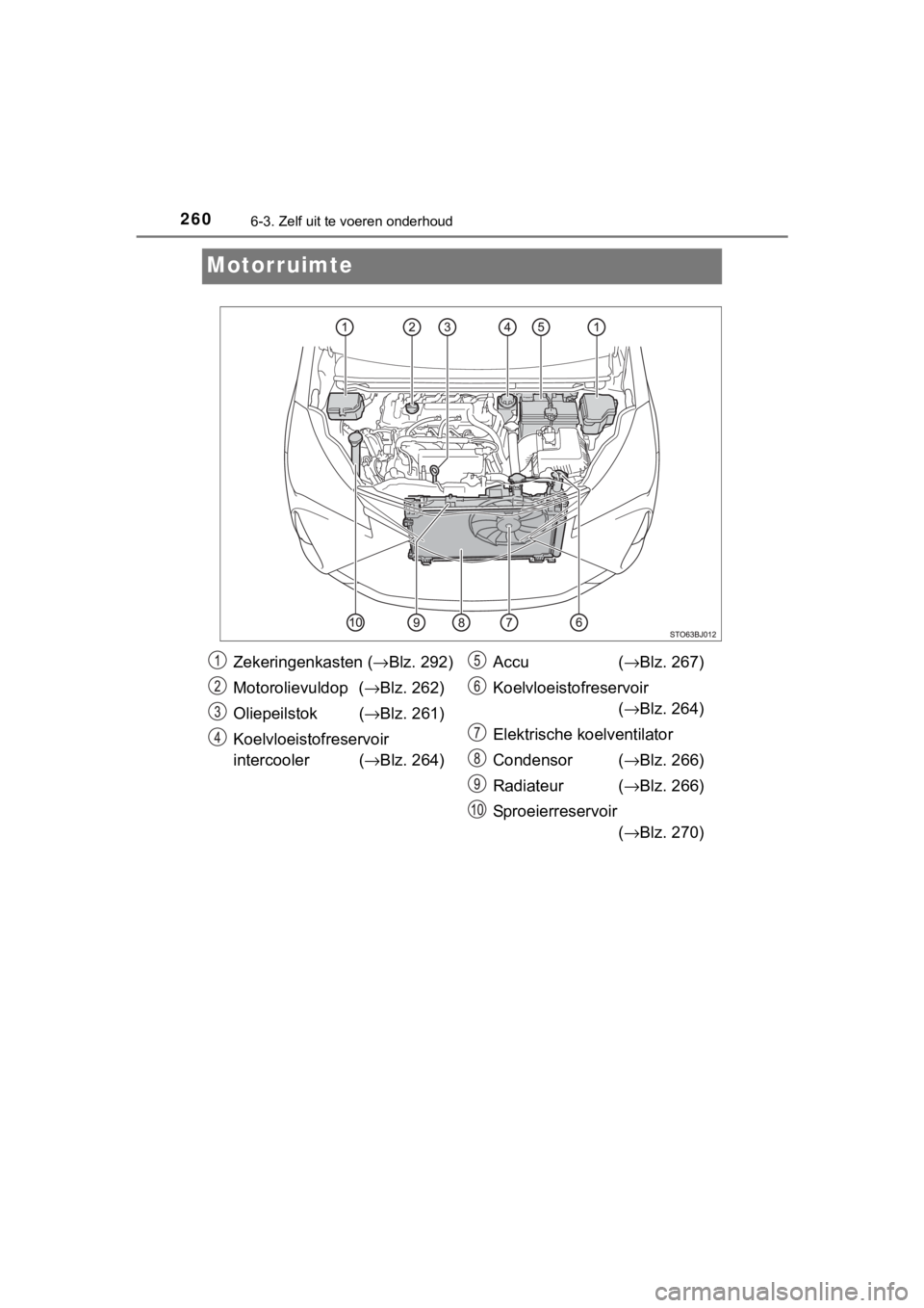TOYOTA YARIS GRMN 2017  Instructieboekje (in Dutch) 2606-3. Zelf uit te voeren onderhoud
YARIS_GRMN_OM_Europe_OM52J40E
Motorruimte
Zekeringenkasten (→Blz. 292)
Motorolievuldop  ( →Blz. 262)
Oliepeilstok ( →Blz. 261)
Koelvloeistofreservoir 
interc
