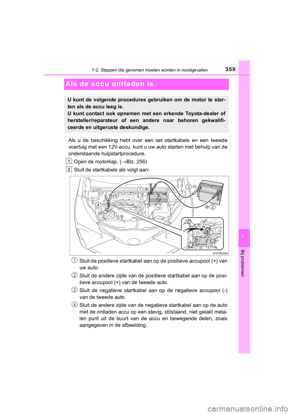 TOYOTA YARIS GRMN 2017  Instructieboekje (in Dutch) 3597-2. Stappen die genomen moeten worden in noodgevallen
YARIS_GRMN_OM_Europe_OM52J40E
7
Bij problemen
Als de accu ontladen is
Als  u  de  beschikking  hebt  over  een  set  startkabels  en  een  twe