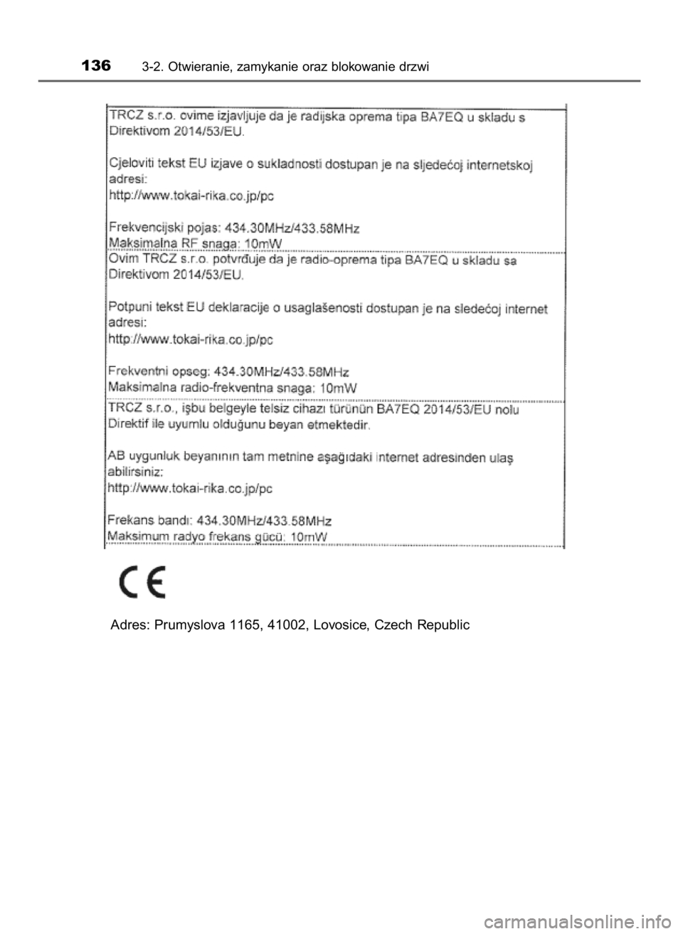 TOYOTA YARIS GRMN 2017  Instrukcja obsługi (in Polish) 1363-2. Otwieranie, zamykanie oraz blokowanie drzwi
Adres: Prumyslova 1165, 41002, Lovosice, Czech Republic
51 YARIS GRMN OM52J40E_p  20/12/17  12:15  Page 136    (Black plate) 