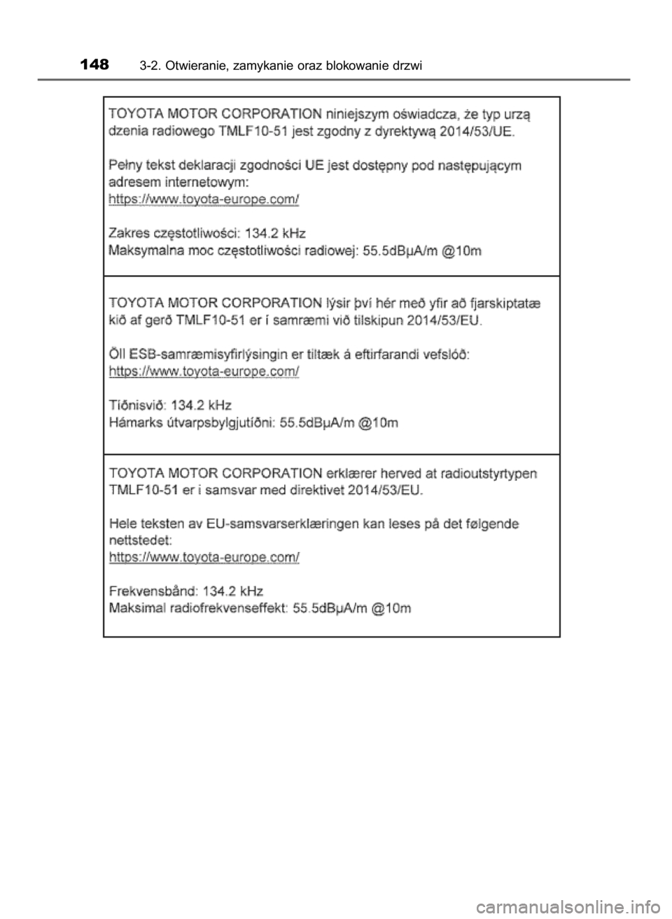 TOYOTA YARIS GRMN 2017  Instrukcja obsługi (in Polish) 1483-2. Otwieranie, zamykanie oraz blokowanie drzwi
51 YARIS GRMN OM52J40E_p  20/12/17  12:15  Page 148    (Black plate) 