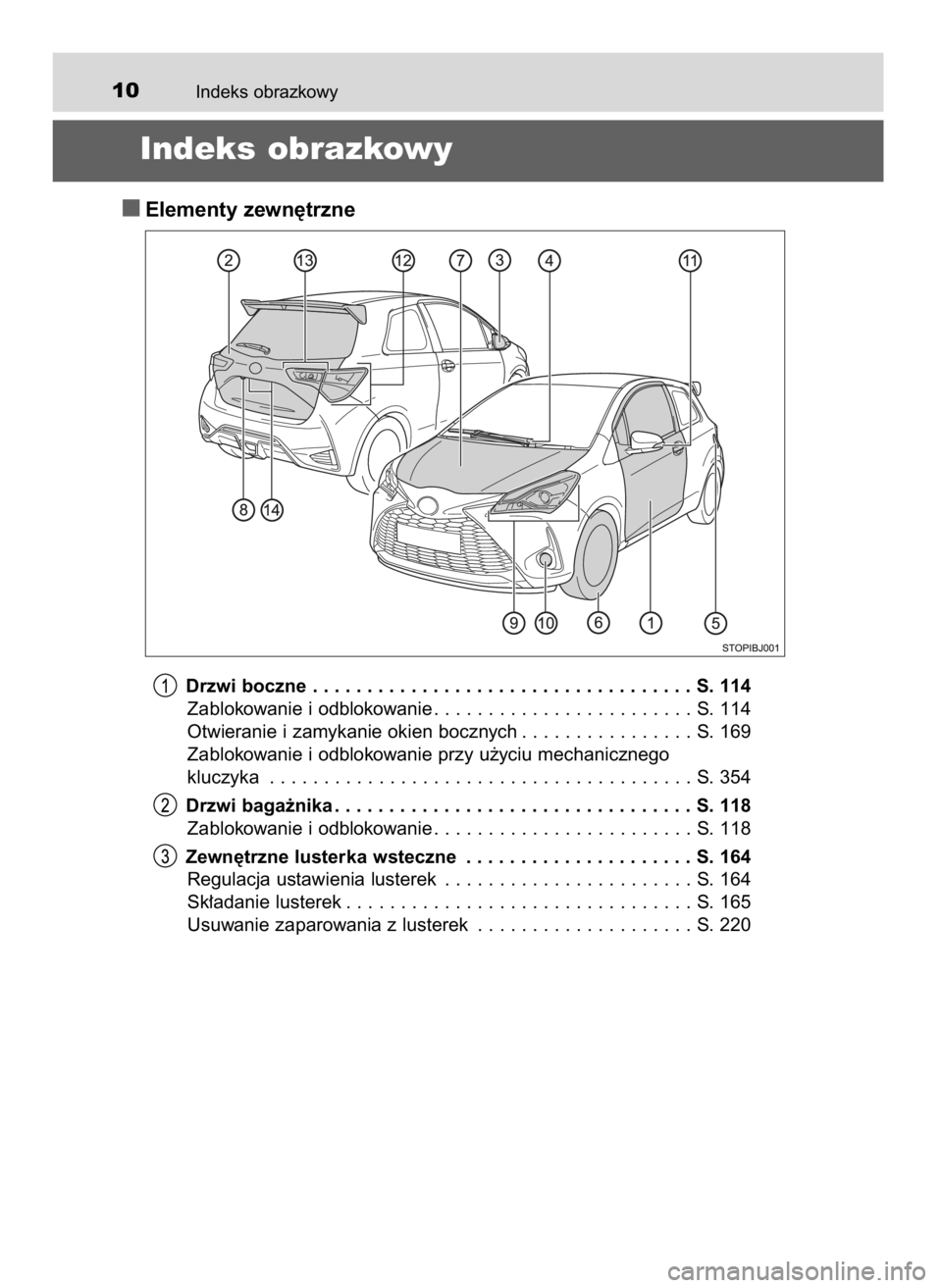 TOYOTA YARIS GRMN 2017 Instrukcja obsługi (in Polish) Indeks obrazkowy10
Indeks obrazkowy
Elementy zewn´trzne
Drzwi boczne . . . . . . . . . . . . . . . . . . . . . . . . . . . . . . . . . . . S. 114
Zablokowanie i odblokowanie . . . . . . . . . . . . . TOYOTA YARIS GRMN 2017 Instrukcja obsługi (in Polish) Indeks obrazkowy10
Indeks obrazkowy
Elementy zewn´trzne
Drzwi boczne . . . . . . . . . . . . . . . . . . . . . . . . . . . . . . . . . . . S. 114
Zablokowanie i odblokowanie . . . . . . . . . . . . .