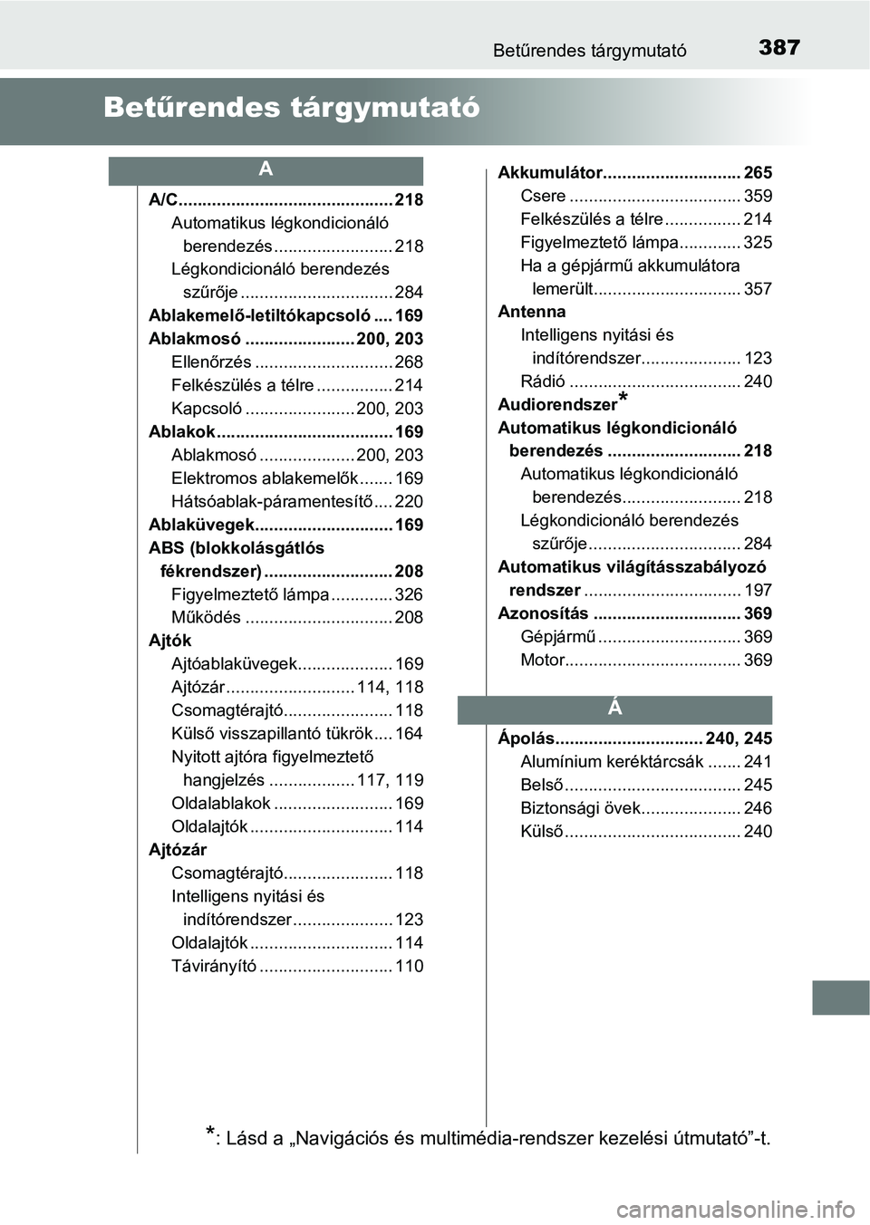 TOYOTA YARIS GRMN 2017 Kezelési útmutató (in Hungarian) 387Betűrendes tárgymutató
Betűrendes tárgymutató
A/C............................................. 218
Automatikus légkondicionáló berendezés ......................... 218
Légkondicionáló TOYOTA YARIS GRMN 2017 Kezelési útmutató (in Hungarian) 387Betűrendes tárgymutató
Betűrendes tárgymutató
A/C............................................. 218
Automatikus légkondicionáló berendezés ......................... 218
Légkondicionáló