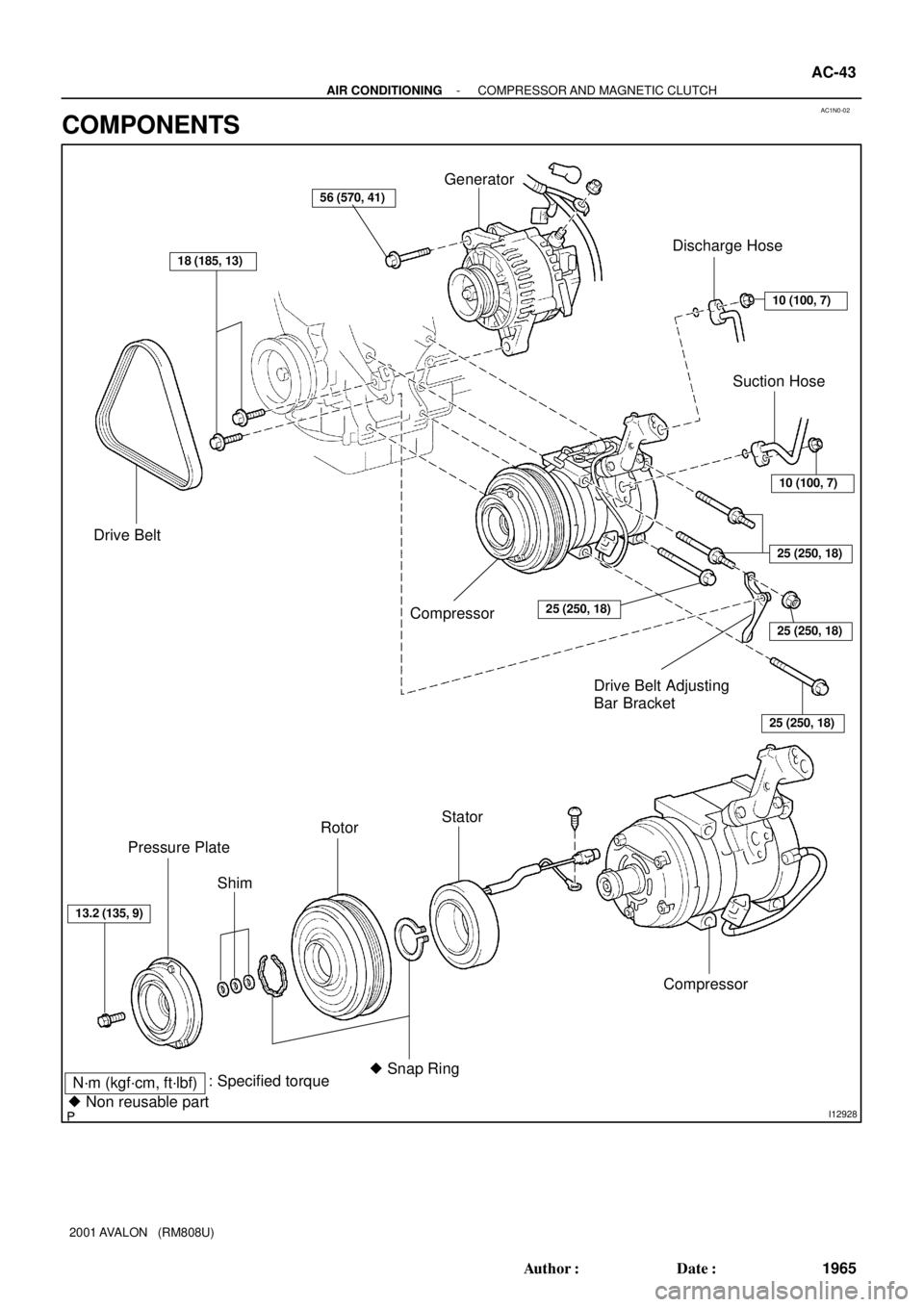 TOYOTA AVALON 2001  Service Repair Manual AC1N0-02
I12928
N´m (kgf´cm, ft´lbf): Specified torque
 Non reusable part
Drive Belt
18 (185, 13)
Generator
10 (100, 7)
Discharge Hose
Compressor25 (250, 18)
10 (100, 7)
25 (250, 18)
25 (250, 18)
