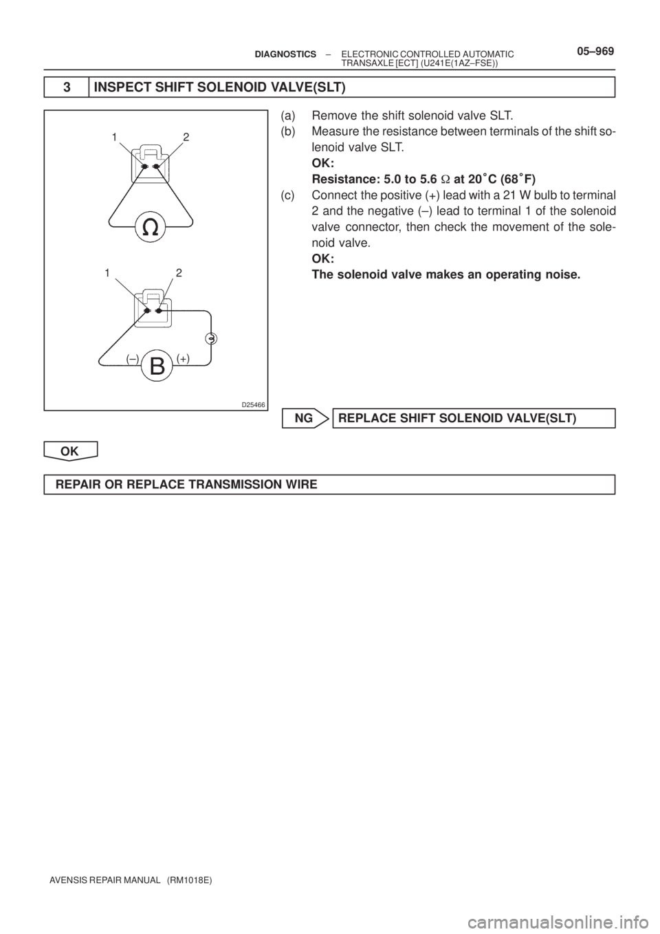 TOYOTA AVENSIS 2005  Service Repair Manual D25466
12
12
(+)
(±)
± DIAGNOSTICSELECTRONIC CONTROLLED AUTOMATIC
TRANSAXLE [ECT] (U241E(1AZ±FSE))05±969
AVENSIS REPAIR MANUAL   (RM1018E)
3 INSPECT SHIFT SOLENOID VALVE(SLT)
(a) Remove the shift 