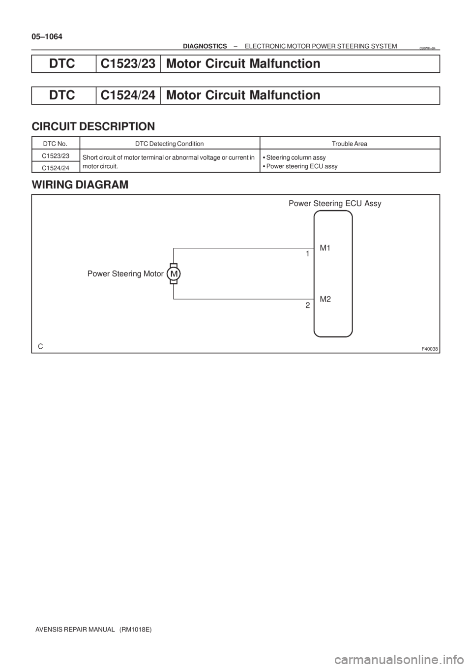 TOYOTA AVENSIS 2005  Service Repair Manual F40038
Power Steering ECU Assy
Power Steering MotorM1
M2 1
2 05±1064
± DIAGNOSTICSELECTRONIC MOTOR POWER STEERING SYSTEM
AVENSIS REPAIR MANUAL   (RM1018E)
DTC C1523/23 Motor Circuit Malfunction
DTC 