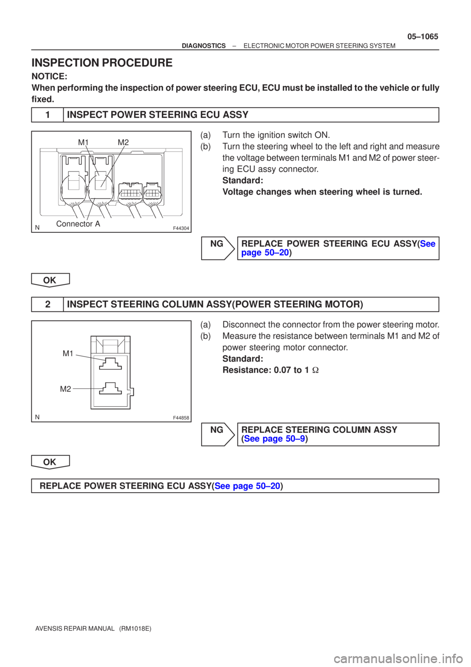 TOYOTA AVENSIS 2005  Service Repair Manual F44304
M2
M1
Connector A
F44858
M1
M2
±
DIAGNOSTICS ELECTRONIC MOTOR POWER STEERING SYSTEM
05±1065
AVENSIS REPAIR MANUAL   (RM1018E)
INSPECTION PROCEDURE
NOTICE:
When performing the inspection of po