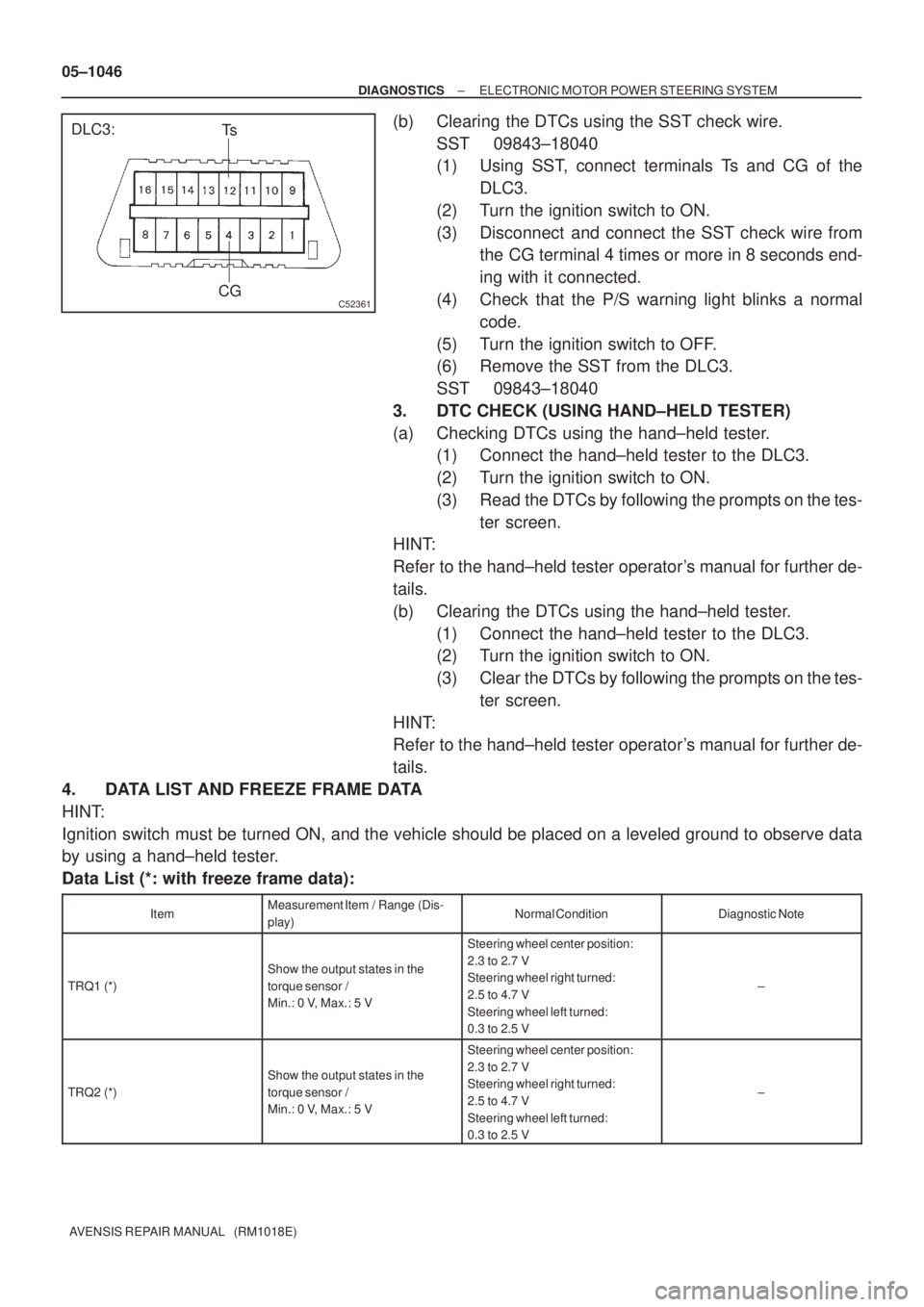 TOYOTA AVENSIS 2005 Service Repair Manual C52361
DLC3:
CGTs 05±1046
± DIAGNOSTICSELECTRONIC MOTOR POWER STEERING SYSTEM
AVENSIS REPAIR MANUAL (RM1018E)
(b) Clearing the DTCs using the SST check wire.
SST 09843±18040
(1) Using SST, connec TOYOTA AVENSIS 2005 Service Repair Manual C52361
DLC3:
CGTs 05±1046
± DIAGNOSTICSELECTRONIC MOTOR POWER STEERING SYSTEM
AVENSIS REPAIR MANUAL (RM1018E)
(b) Clearing the DTCs using the SST check wire.
SST 09843±18040
(1) Using SST, connec