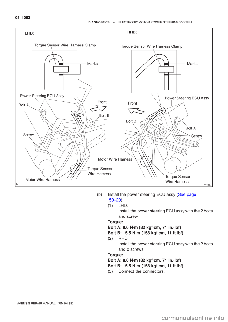 TOYOTA AVENSIS 2005  Service Repair Manual F44857
LHD:RHD:
Torque Sensor Wire Harness Clamp
Marks
Power Steering ECU Assy
Front
Motor Wire Harness
Torque Sensor
Wire Harness
Front
Torque Sensor
Wire Harness
Motor Wire Harness
Power Steering EC