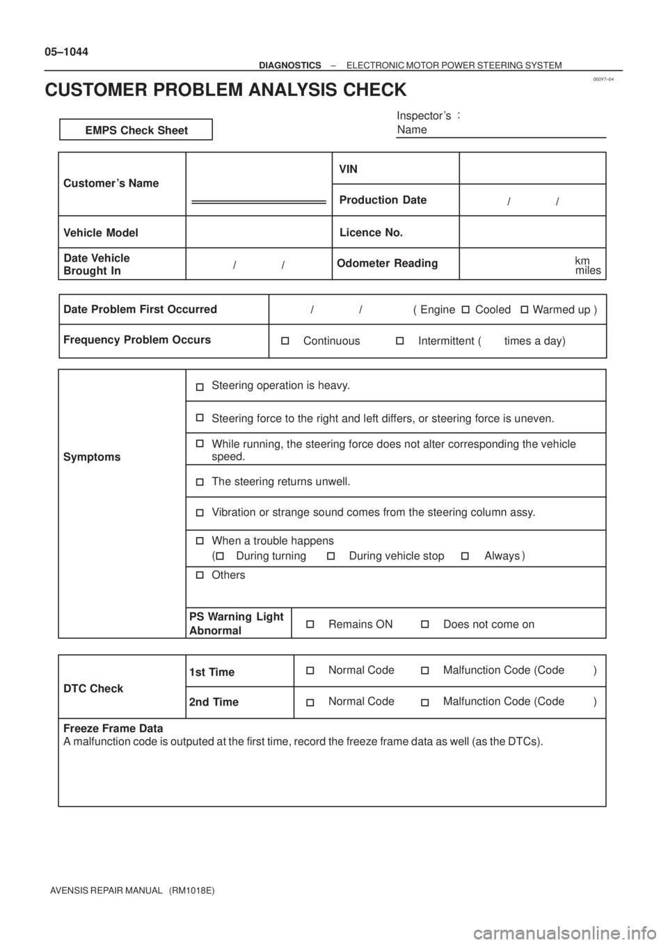 TOYOTA AVENSIS 2005  Service Repair Manual 050Y7±04
Inspector s
Name:
Customer s Name
Date Vehicle
Brought InLicence No.
Odometer Reading/              /
/              /
Date Problem First Occurred
Frequency Problem Occurs
ContinuousInterm