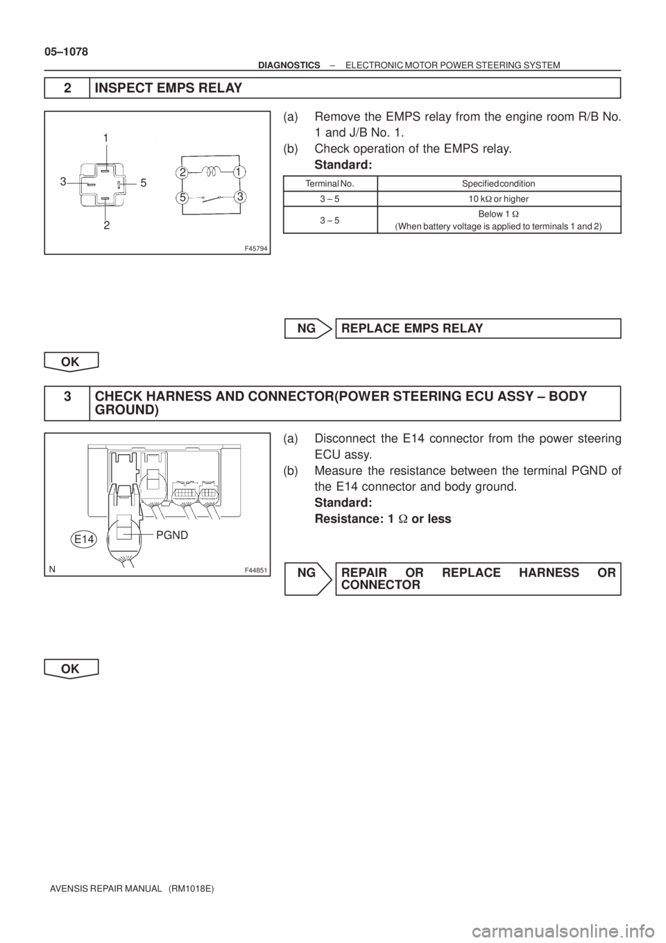 TOYOTA AVENSIS 2005  Service Repair Manual F45794
1
2
533
5 1
2
F44851
PGND
E14
05±1078
± DIAGNOSTICSELECTRONIC MOTOR POWER STEERING SYSTEM
AVENSIS REPAIR MANUAL   (RM1018E)
2 INSPECT EMPS RELAY
(a) Remove the EMPS relay from the engine room