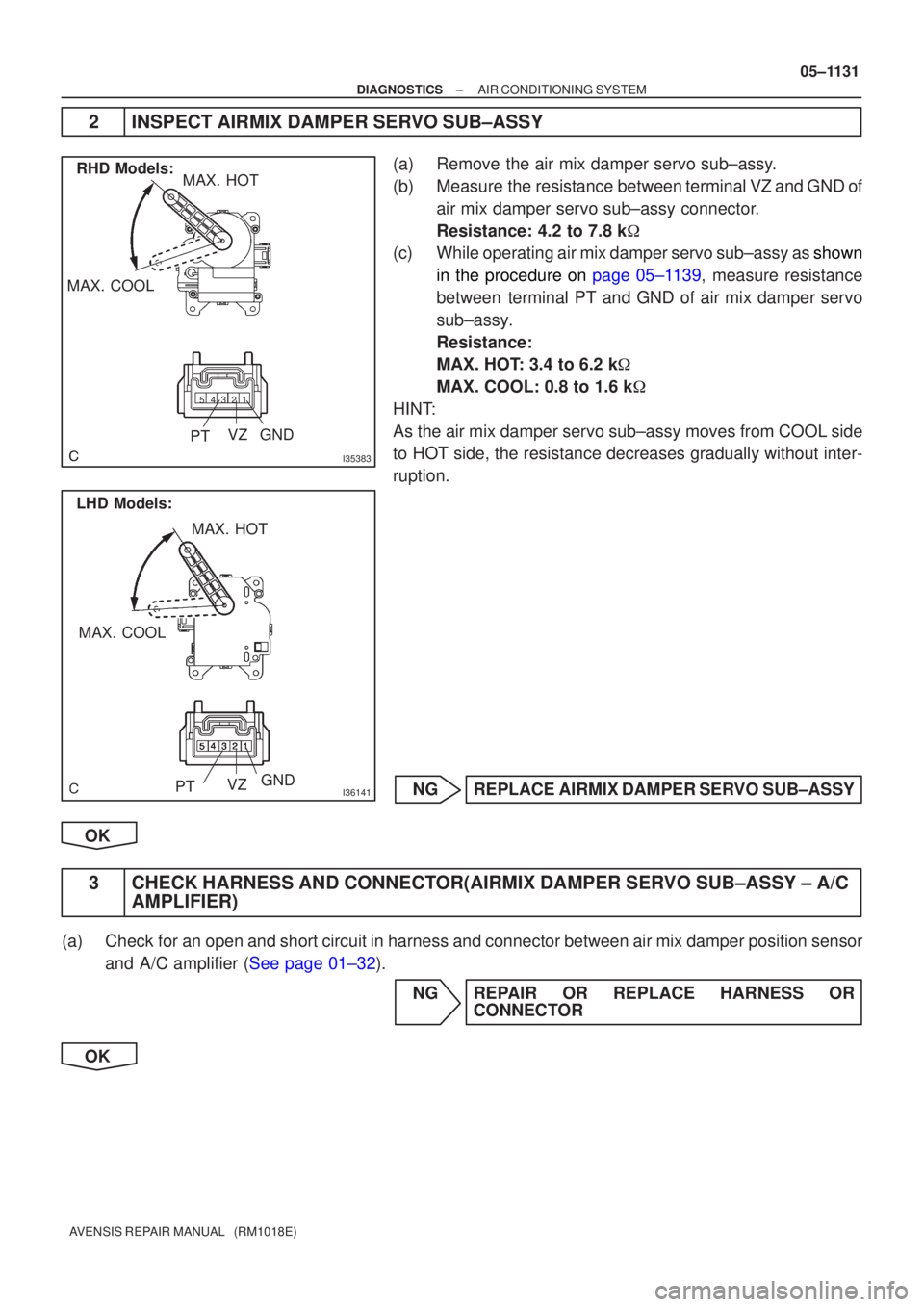 TOYOTA AVENSIS 2005 Service Repair Manual I35383
RHD Models:
MAX. COOL MAX. HOT
12345
P
T V
Z GND
I36141
LHD Models:
MAX. COOL MAX. HOT
P T VZGND
±
DIAGNOSTIC SAIR CONDITIONING SYSTEM
05± 1131
A VENSIS RE PAIR MANUAL (RM1018E)
2 INSPEC T TOYOTA AVENSIS 2005 Service Repair Manual I35383
RHD Models:
MAX. COOL MAX. HOT
12345
P
T V
Z GND
I36141
LHD Models:
MAX. COOL MAX. HOT
P T VZGND
±
DIAGNOSTIC SAIR CONDITIONING SYSTEM
05± 1131
A VENSIS RE PAIR MANUAL (RM1018E)
2 INSPEC T