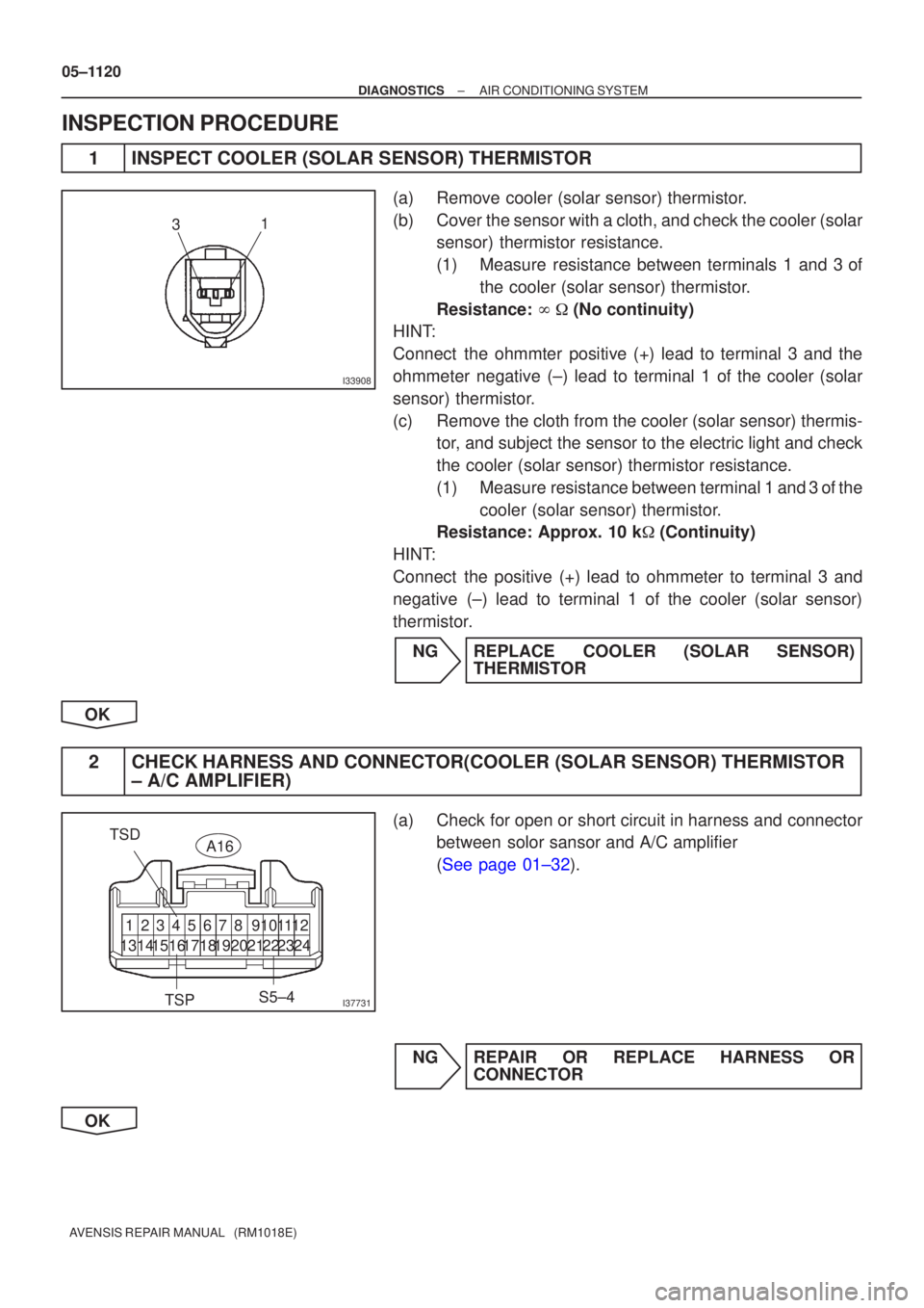 TOYOTA AVENSIS 2005  Service Repair Manual I33908
1
3
I37731
A16
TSD
TSP S5±4
1  23  45  67  89101112
13141516171819202123 2224
05±1120
±
DIAGNOSTICS AIR CONDITIONING SYSTEM
AVENSIS REPAIR MANUAL   (RM1018E)
INSPECTION PROCEDURE
1INSPECT CO