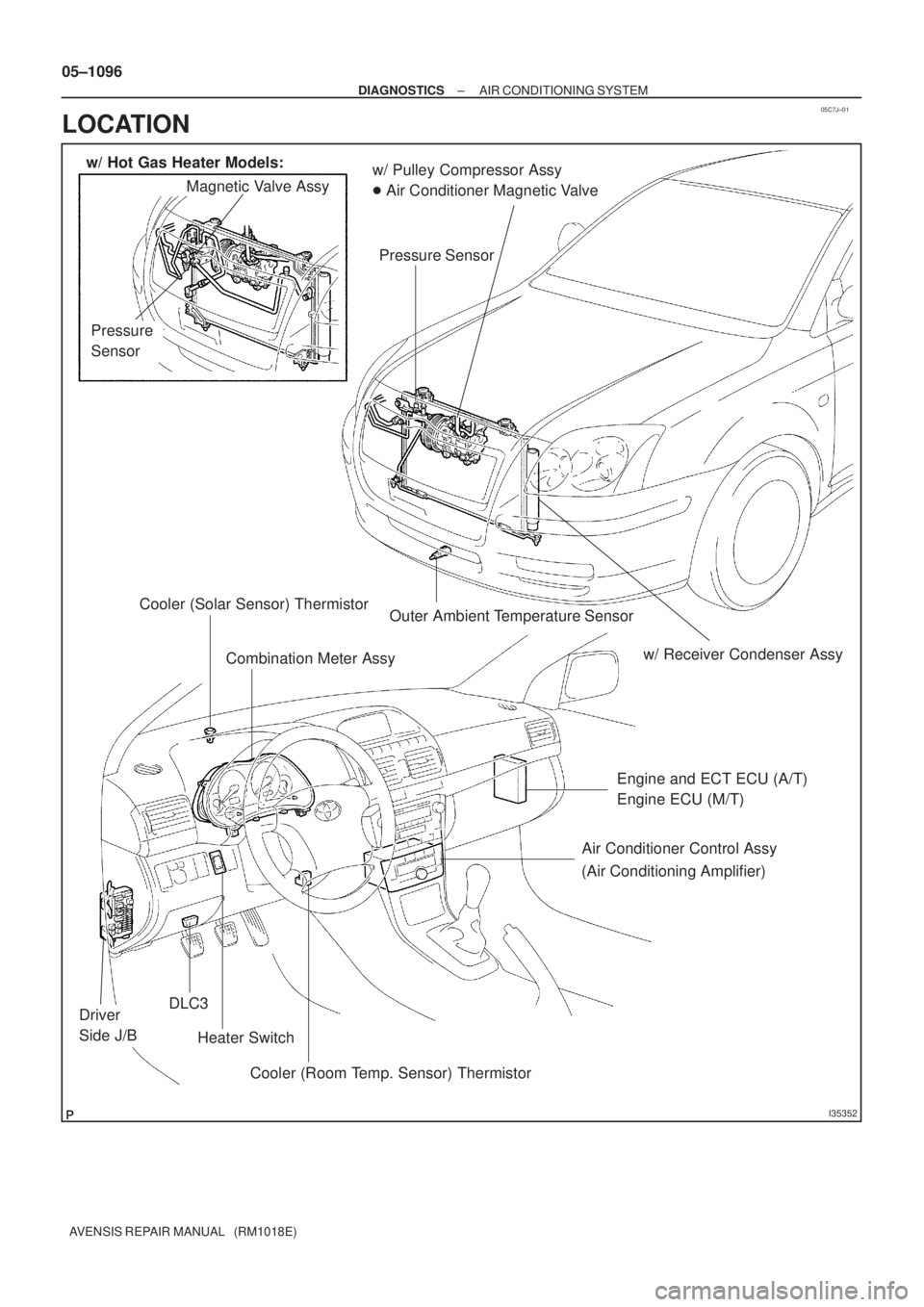 TOYOTA AVENSIS 2005  Service Repair Manual 05C7J±01
I35352
w/ Pulley Compressor Assy
 Air Conditioner Magnetic Valve
Pressure Sensor Magnetic Valve Assy
Heater Switch Cooler (Solar Sensor) Thermistor
Combination Meter Assy
Engine and ECT ECU
