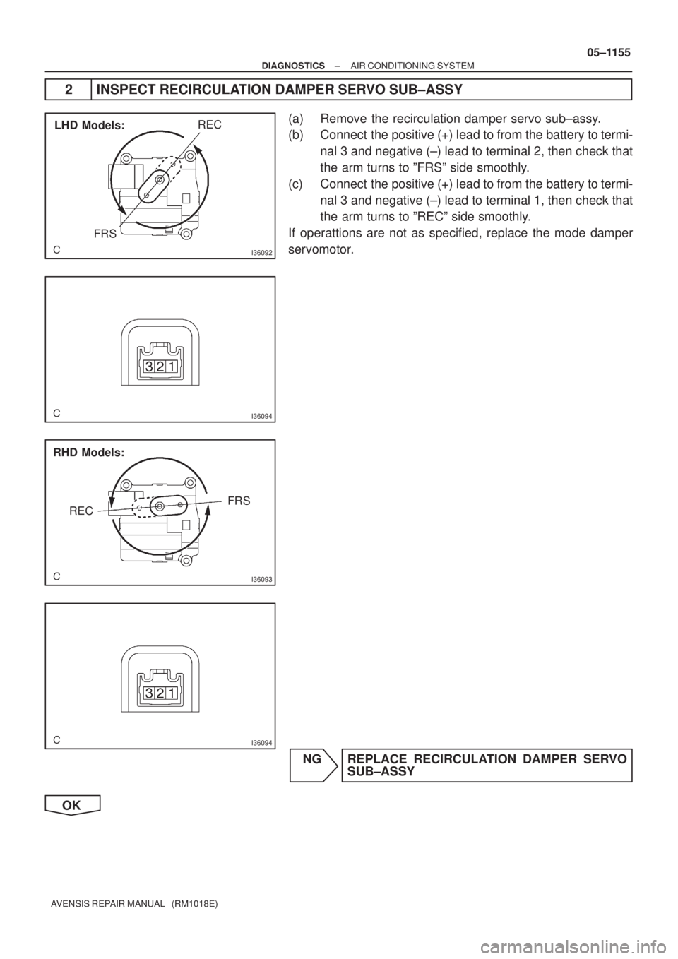 TOYOTA AVENSIS 2005  Service Repair Manual I36092
LHD Models:
FRSREC
I36094
I36093
RHD Models:
FRS
REC
I36094
± DIAGNOSTICSAIR CONDITIONING SYSTEM
05±1155
AVENSIS REPAIR MANUAL   (RM1018E)
2 INSPECT RECIRCULATION DAMPER SERVO SUB±ASSY
(a) R