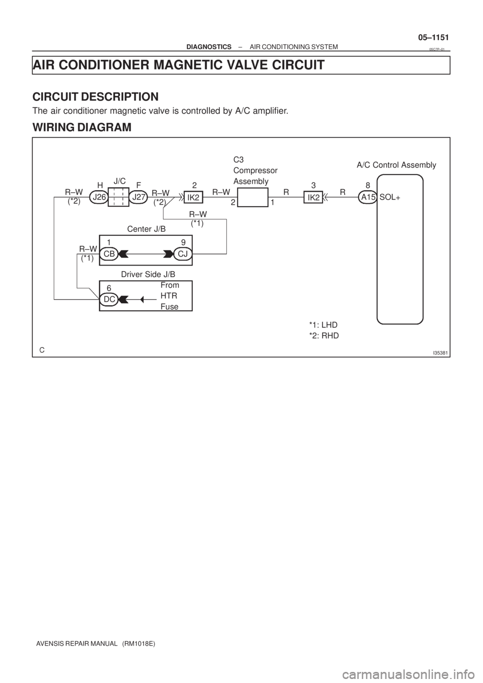 TOYOTA AVENSIS 2005  Service Repair Manual I35381
R±W
R±WR±W HF
J26 J27
IK2 IK2A15 SOL+ RR J/CC3
Compressor 
Assembly
38A/C Control Assembly
(*2)
(*2)
R±W
(*1)21
Center J/B
R±W
(*1)1
CB9
CJ
Driver Side J/B
6
DCFrom 
HTR 
Fuse
*1: LHD
*2: 