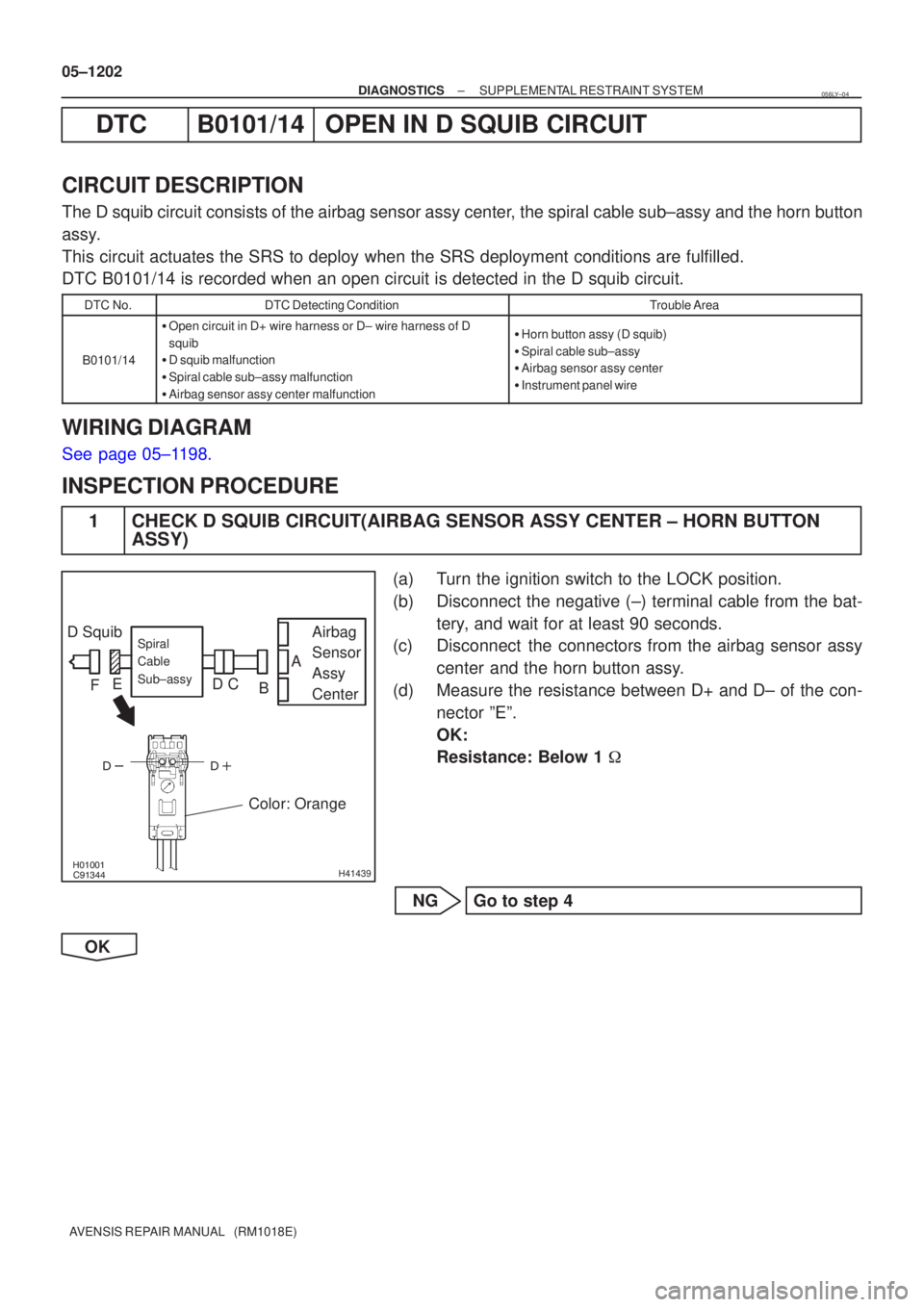 TOYOTA AVENSIS 2005  Service Repair Manual 


H41439
D SquibAirbag
Sensor
Assy
CenterSpiral
Cable
Sub±assy
Color: Orange
A
B
C
D
E
F
05±1202
±
DIAGNOSTICS SUPPLEMENTAL RESTRAINT SYSTEM
AVENSIS REPAIR MANUAL   (RM1018E)
DTCB0