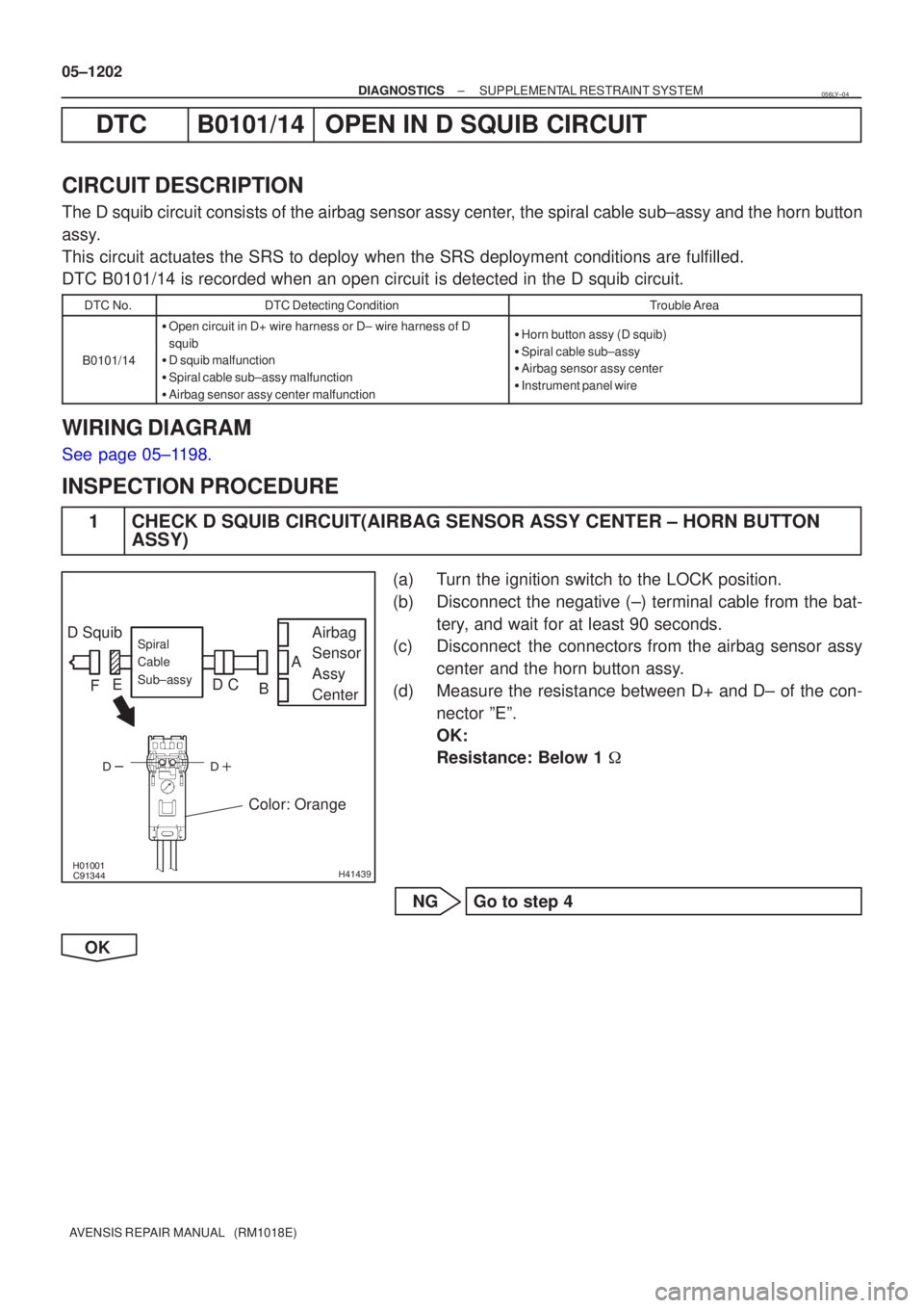 TOYOTA AVENSIS 2005 Service Repair Manual
H41439
D SquibAirbag
Sensor
Assy
CenterSpiral
Cable
Sub±assy
Color: Orange
A
B
C
D
E
F
05±1202
±
DIAGNOSTICS SUPPLEMENTAL RESTRAINT SYSTEM
AVENSIS REPAIR MANUAL (RM1018E)
DTCB0 TOYOTA AVENSIS 2005 Service Repair Manual
H41439
D SquibAirbag
Sensor
Assy
CenterSpiral
Cable
Sub±assy
Color: Orange
A
B
C
D
E
F
05±1202
±
DIAGNOSTICS SUPPLEMENTAL RESTRAINT SYSTEM
AVENSIS REPAIR MANUAL (RM1018E)
DTCB0