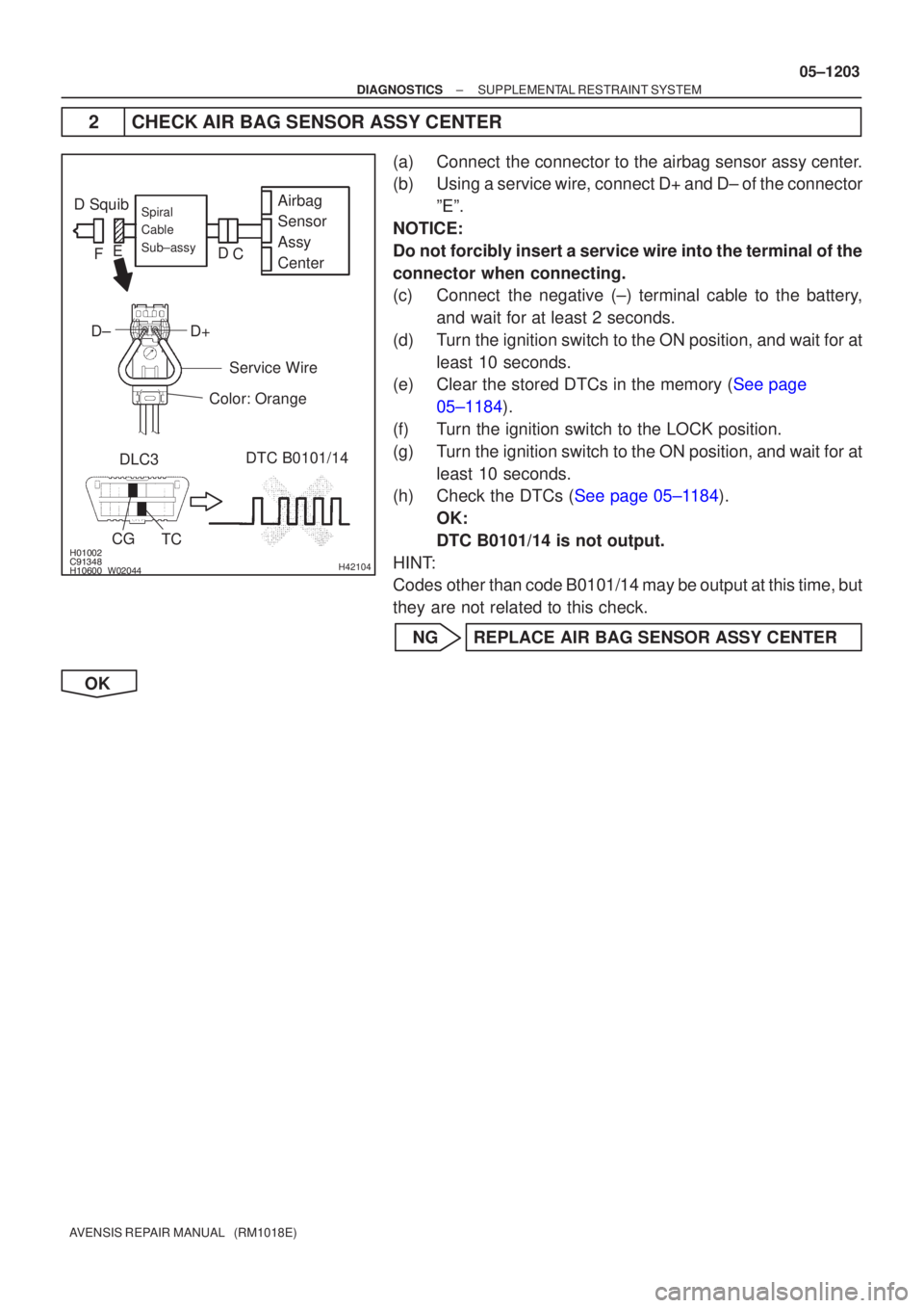 TOYOTA AVENSIS 2005  Service Repair Manual 


	\bH42104
D SquibAirbag
Sensor
Assy
Center
D±D+Spiral
Cable
Sub±assy
Color: Orange
TC
CG
DLC3 DTC B0101/14
Service Wire
C
D
E
F
±
DIAGNOSTICS SUPPLEMENTAL RESTRAINT SYSTEM
05