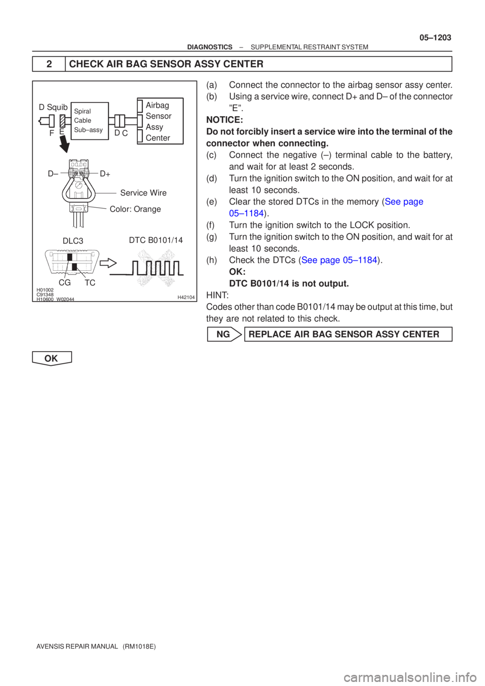 TOYOTA AVENSIS 2005 Service Repair Manual
\b
H42104
D SquibAirbag
Sensor
Assy
Center
D±D+Spiral
Cable
Sub±assy
Color: Orange
TC
CG
DLC3 DTC B0101/14
Service Wire
C
D
E
F
±
DIAGNOSTICS SUPPLEMENTAL RESTRAINT SYSTEM
05 TOYOTA AVENSIS 2005 Service Repair Manual
\b
H42104
D SquibAirbag
Sensor
Assy
Center
D±D+Spiral
Cable
Sub±assy
Color: Orange
TC
CG
DLC3 DTC B0101/14
Service Wire
C
D
E
F
±
DIAGNOSTICS SUPPLEMENTAL RESTRAINT SYSTEM
05