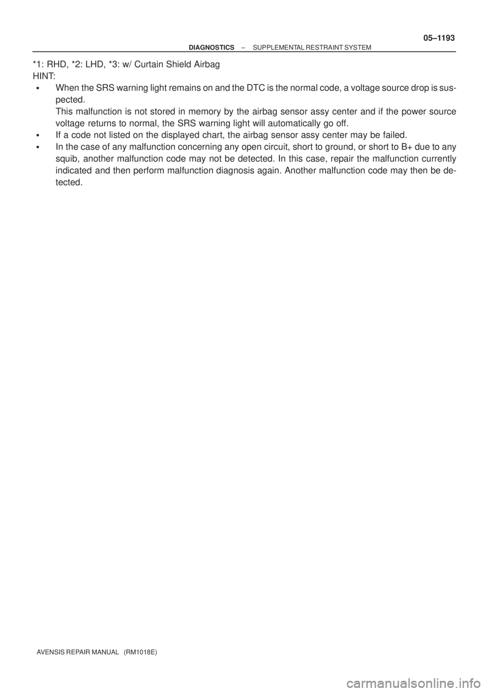 TOYOTA AVENSIS 2005  Service Repair Manual ± DIAGNOSTICSSUPPLEMENTAL RESTRAINT SYSTEM
05±1193
AVENSIS REPAIR MANUAL   (RM1018E)
*1: RHD, *2: LHD, *3: w/ Curtain Shield Airbag
HINT:
When the SRS warning light remains on and the DTC is the no