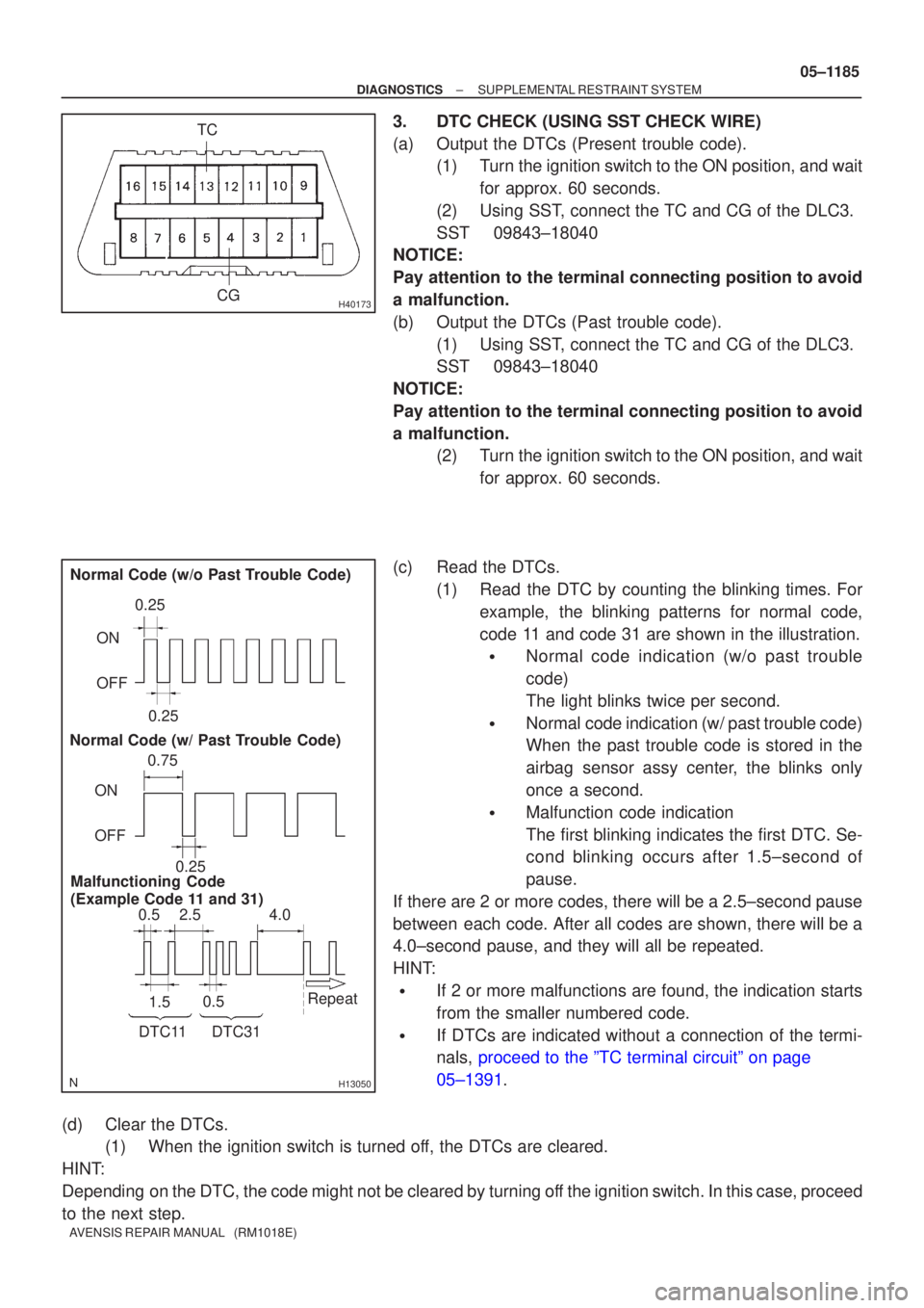 TOYOTA AVENSIS 2005  Service Repair Manual H40173CG
TC
H13050
Normal Code (w/o Past Trouble Code)
Normal Code (w/ Past Trouble Code) Malfunctioning Code 
(Example Code 11 and 31) 0.25
ON
OFF
0.750.25
0.25
ON
OFF
0.52.54.0
1.5 0.5 Repeat
DTC31
