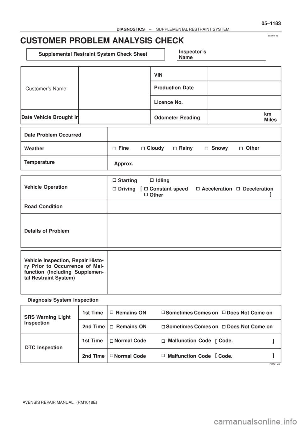 TOYOTA AVENSIS 2005  Service Repair Manual 050WX±16
[
]
[]
[]
H40122
Supplemental Restraint System Check SheetInspector s
Name
Date Vehicle Brought InVIN
Production Date
Licence No.
Odometer Readingkm
Miles
Date Problem Occurred
Weather
Temp