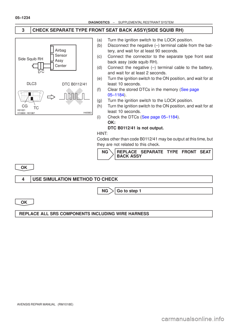 TOYOTA AVENSIS 2005 Service Repair Manual H40983
DTC B0112/41
TC
CG
Side Squib RH
DLC3 Airbag
Sensor
Assy
Center
C
D
05±1234
±
DIAGNOSTICS SUPPLEMENTAL RESTRAINT SYSTEM
AVENSIS REPAIR MANUAL (RM1018E)
3CHECK SEPARATE T TOYOTA AVENSIS 2005 Service Repair Manual H40983
DTC B0112/41
TC
CG
Side Squib RH
DLC3 Airbag
Sensor
Assy
Center
C
D
05±1234
±
DIAGNOSTICS SUPPLEMENTAL RESTRAINT SYSTEM
AVENSIS REPAIR MANUAL (RM1018E)
3CHECK SEPARATE T