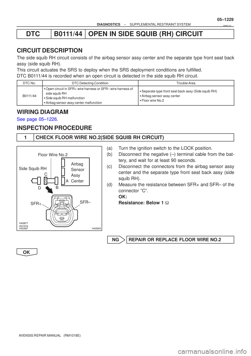 TOYOTA AVENSIS 2005  Service Repair Manual  

H42849
Side Squib RHAirbag 
Sensor 
Assy
Center
SFR±
SFR+
Floor Wire No.2
A
B
D C
±
DIAGNOSTICS SUPPLEMENTAL RESTRAINT SYSTEM
05±1229
AVENSIS REPAIR MANUAL   (RM1018E)
DTC B011