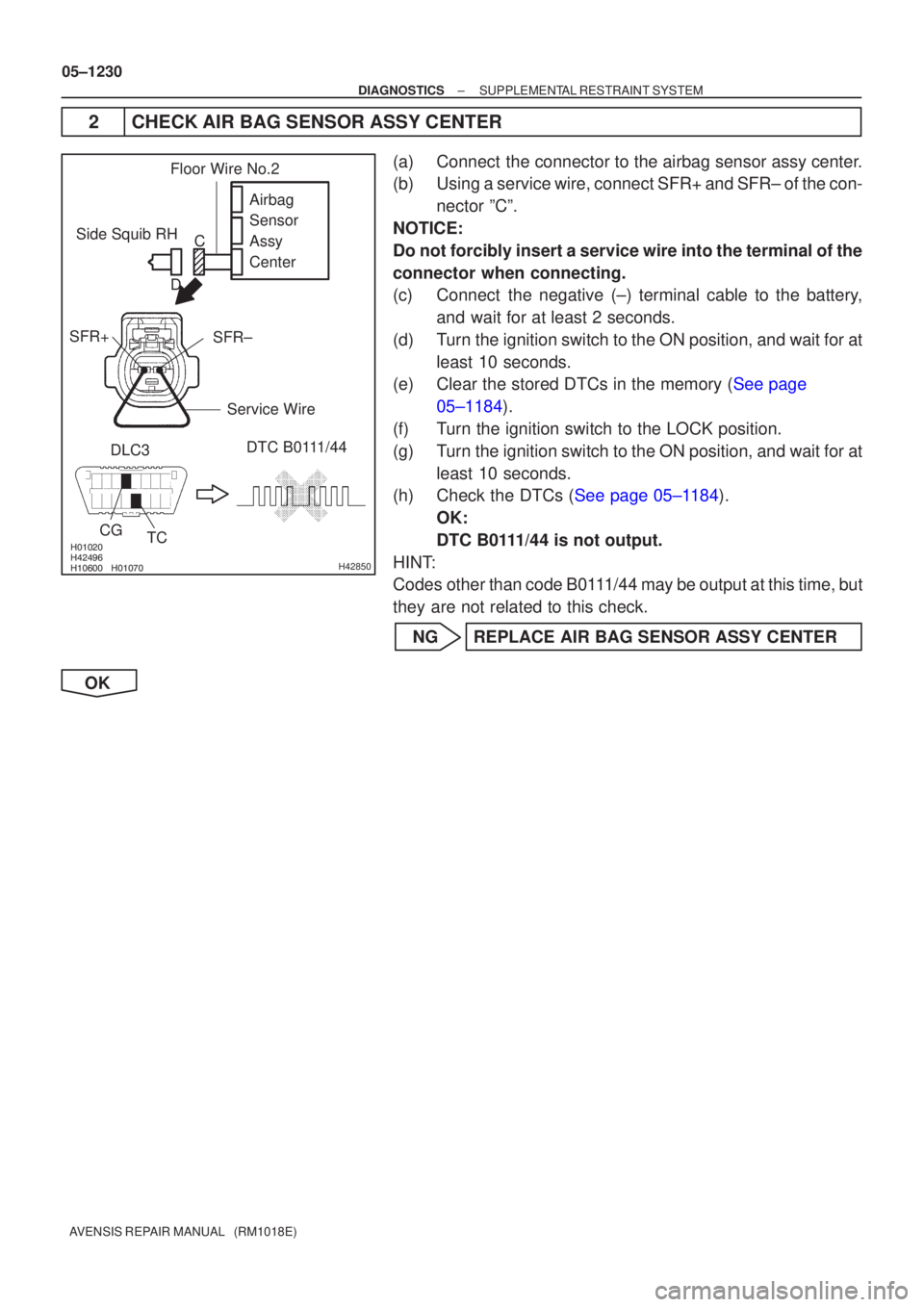 TOYOTA AVENSIS 2005 Service Repair Manual \b
\b \b\bH42850
Side Squib RH
SFR+
SFR±
DTC B0111/44
DLC3
CG TC Airbag
Sensor
Assy
Center
Floor Wire No.2
Service Wire
D
C
05±1230
±
DIAGNOSTICS SUPPLEMENTAL RESTRAINT SYSTEM TOYOTA AVENSIS 2005 Service Repair Manual \b
\b \b\bH42850
Side Squib RH
SFR+
SFR±
DTC B0111/44
DLC3
CG TC Airbag
Sensor
Assy
Center
Floor Wire No.2
Service Wire
D
C
05±1230
±
DIAGNOSTICS SUPPLEMENTAL RESTRAINT SYSTEM