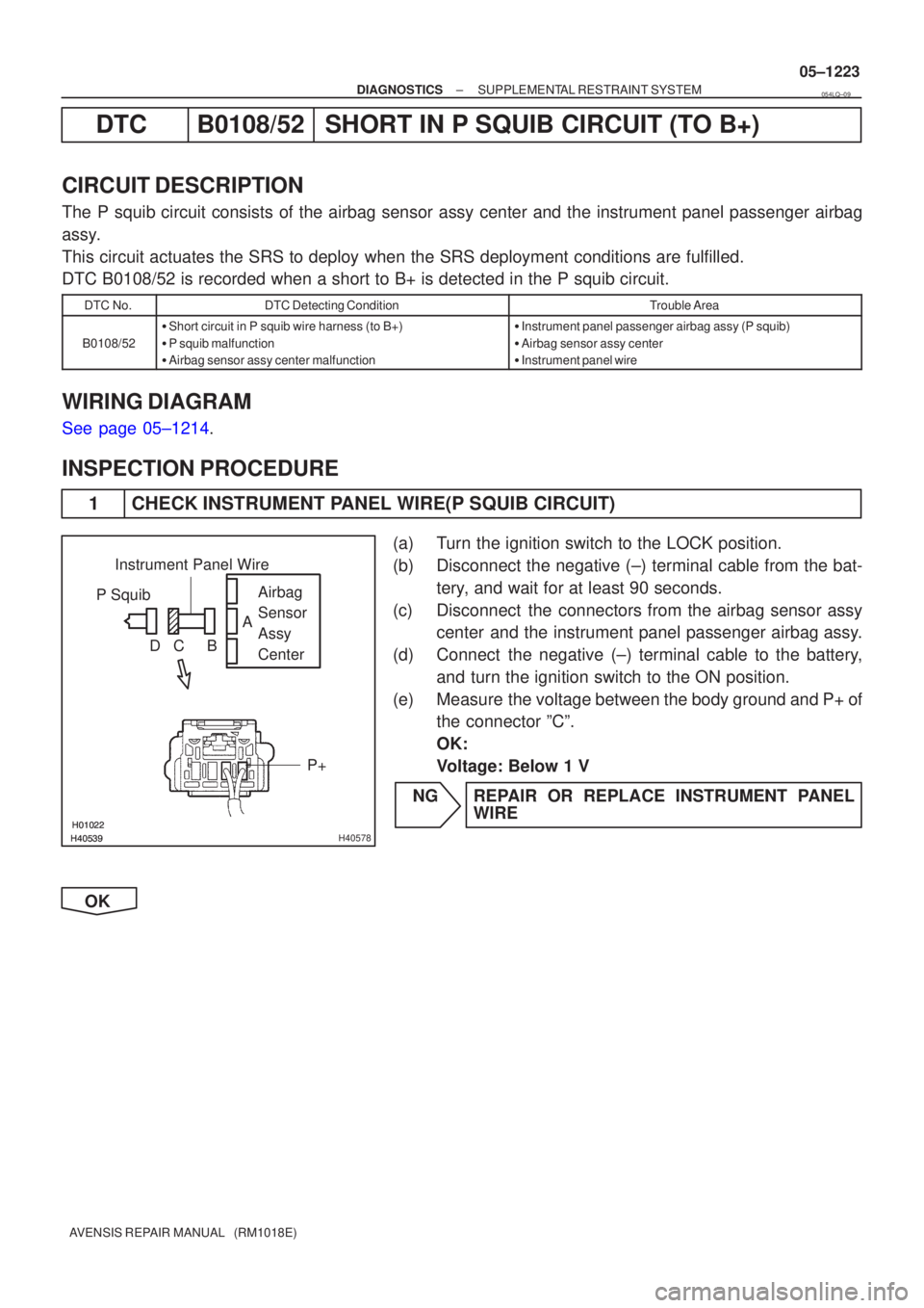 TOYOTA AVENSIS 2005 Service Repair Manual \b\b\b\bH40578
P SquibAirbag
Sensor
Assy
Center
P+
Instrument Panel Wire
A
B
C
D
±
DIAGNOSTICS SUPPLEMENTAL RESTRAINT SYSTEM
05±1223
AVENSIS REPAIR MANUAL (RM1018E)
DTCB0108/52 TOYOTA AVENSIS 2005 Service Repair Manual \b\b\b\bH40578
P SquibAirbag
Sensor
Assy
Center
P+
Instrument Panel Wire
A
B
C
D
±
DIAGNOSTICS SUPPLEMENTAL RESTRAINT SYSTEM
05±1223
AVENSIS REPAIR MANUAL (RM1018E)
DTCB0108/52