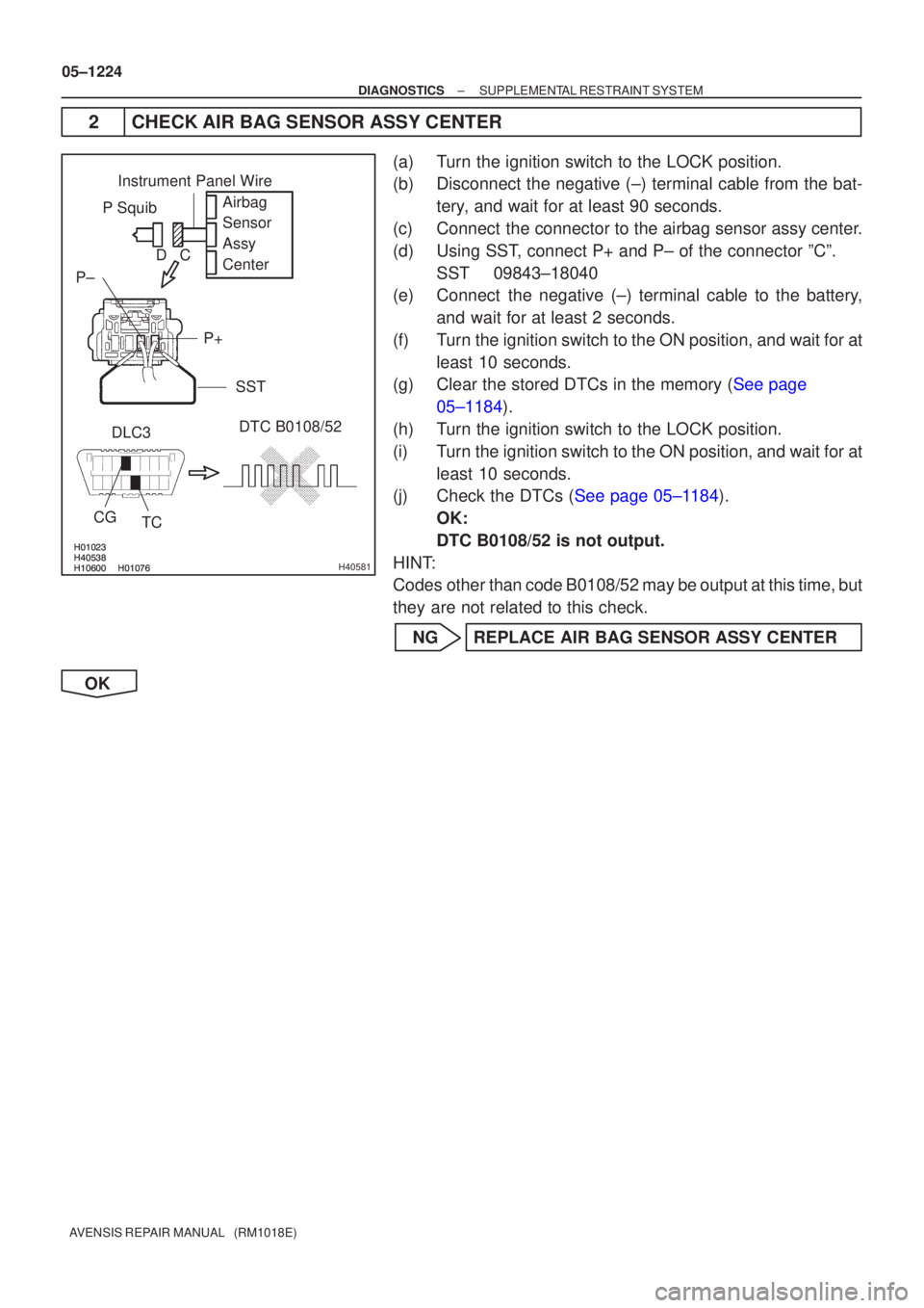 TOYOTA AVENSIS 2005 Service Repair Manual
\b
\bH40581
Airbag
Sensor
Assy
Center
P Squib
P+
P±
DLC3
CG TC DTC B0108/52
Instrument Panel Wire
SST
C
D
05±1224
±
DIAGNOSTICS SUPPLEMENTAL RESTRAINT TOYOTA AVENSIS 2005 Service Repair Manual
\b
\bH40581
Airbag
Sensor
Assy
Center
P Squib
P+
P±
DLC3
CG TC DTC B0108/52
Instrument Panel Wire
SST
C
D
05±1224
±
DIAGNOSTICS SUPPLEMENTAL RESTRAINT