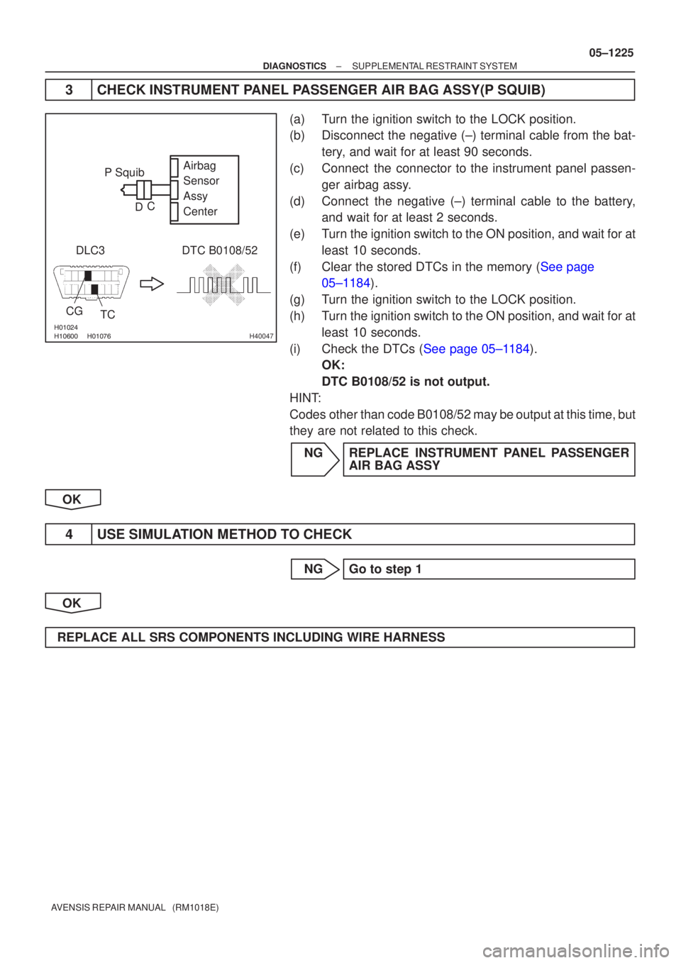 TOYOTA AVENSIS 2005 Service Repair Manual H40047
P Squib
DLC3
CG TC DTC B0108/52Airbag
Sensor
Assy
Center
C
D
±
DIAGNOSTICS SUPPLEMENTAL RESTRAINT SYSTEM
05±1225
AVENSIS REPAIR MANUAL (RM1018E)
3CHECK INSTRUMENT PANEL P TOYOTA AVENSIS 2005 Service Repair Manual H40047
P Squib
DLC3
CG TC DTC B0108/52Airbag
Sensor
Assy
Center
C
D
±
DIAGNOSTICS SUPPLEMENTAL RESTRAINT SYSTEM
05±1225
AVENSIS REPAIR MANUAL (RM1018E)
3CHECK INSTRUMENT PANEL P