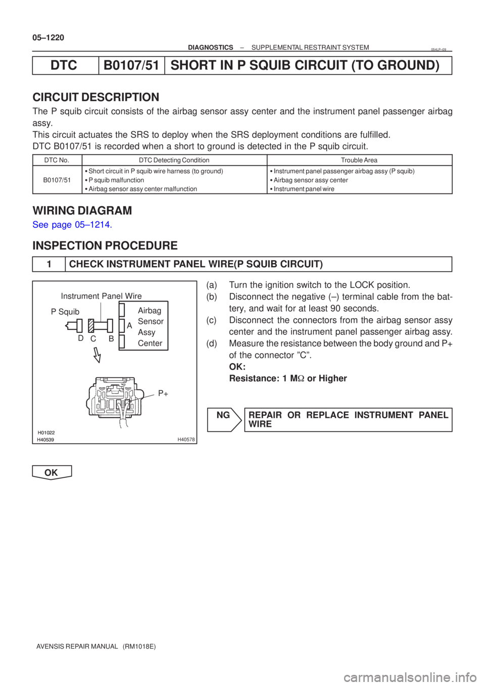 TOYOTA AVENSIS 2005 Service Repair Manual \b\b\b\bH40578
P SquibAirbag
Sensor
Assy
Center
P+
Instrument Panel Wire
A
B
C
D
05±1220
±
DIAGNOSTICS SUPPLEMENTAL RESTRAINT SYSTEM
AVENSIS REPAIR MANUAL (RM1018E)
DTC B0107/5 TOYOTA AVENSIS 2005 Service Repair Manual \b\b\b\bH40578
P SquibAirbag
Sensor
Assy
Center
P+
Instrument Panel Wire
A
B
C
D
05±1220
±
DIAGNOSTICS SUPPLEMENTAL RESTRAINT SYSTEM
AVENSIS REPAIR MANUAL (RM1018E)
DTC B0107/5