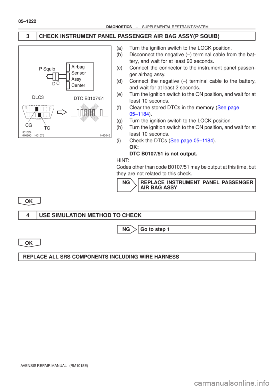 TOYOTA AVENSIS 2005 Service Repair Manual \b\b\bH40045
P SquibDTC B0107/51
DLC3
CG TCAirbag
Sensor
Assy
Center
C
D
05±1222
±
DIAGNOSTICS SUPPLEMENTAL RESTRAINT SYSTEM
AVENSIS REPAIR MANUAL (RM1018E)
3 CHECK INSTRUMENT PANEL TOYOTA AVENSIS 2005 Service Repair Manual \b\b\bH40045
P SquibDTC B0107/51
DLC3
CG TCAirbag
Sensor
Assy
Center
C
D
05±1222
±
DIAGNOSTICS SUPPLEMENTAL RESTRAINT SYSTEM
AVENSIS REPAIR MANUAL (RM1018E)
3 CHECK INSTRUMENT PANEL