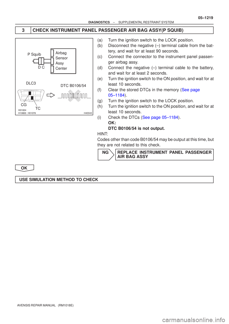 TOYOTA AVENSIS 2005 Service Repair Manual \b\b\bH40043
DTC B0106/54
DLC3
CG TC
Airbag
Sensor
Assy
Center
P Squib
C
D
±
DIAGNOSTICS SUPPLEMENTAL RESTRAINT SYSTEM
05±1219
AVENSIS REPAIR MANUAL (RM1018E)
3CHECK INSTRUMENT PANE TOYOTA AVENSIS 2005 Service Repair Manual \b\b\bH40043
DTC B0106/54
DLC3
CG TC
Airbag
Sensor
Assy
Center
P Squib
C
D
±
DIAGNOSTICS SUPPLEMENTAL RESTRAINT SYSTEM
05±1219
AVENSIS REPAIR MANUAL (RM1018E)
3CHECK INSTRUMENT PANE