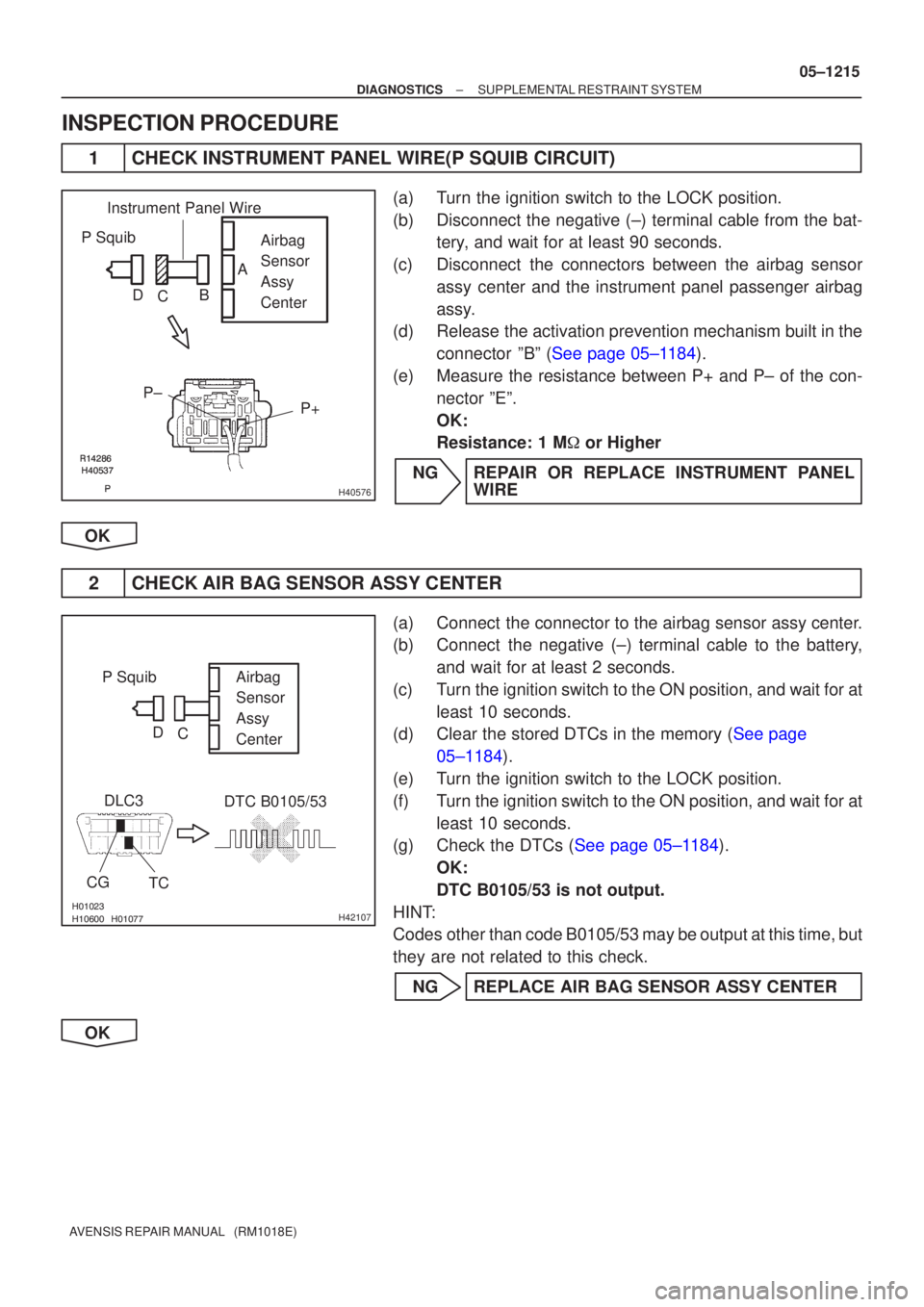 TOYOTA AVENSIS 2005 Service Repair Manual
\b
\b
H40576
P SquibAirbag
Sensor
Assy
Center
P± P+
Instrument Panel Wire
A
B
C
D
\b\bH42107
P SquibAirbag
Sensor
Assy
Center
CG TC
DLC3
DTC B0105/53
C
D
±
DIAGN TOYOTA AVENSIS 2005 Service Repair Manual
\b
\b
H40576
P SquibAirbag
Sensor
Assy
Center
P± P+
Instrument Panel Wire
A
B
C
D
\b\bH42107
P SquibAirbag
Sensor
Assy
Center
CG TC
DLC3
DTC B0105/53
C
D
±
DIAGN