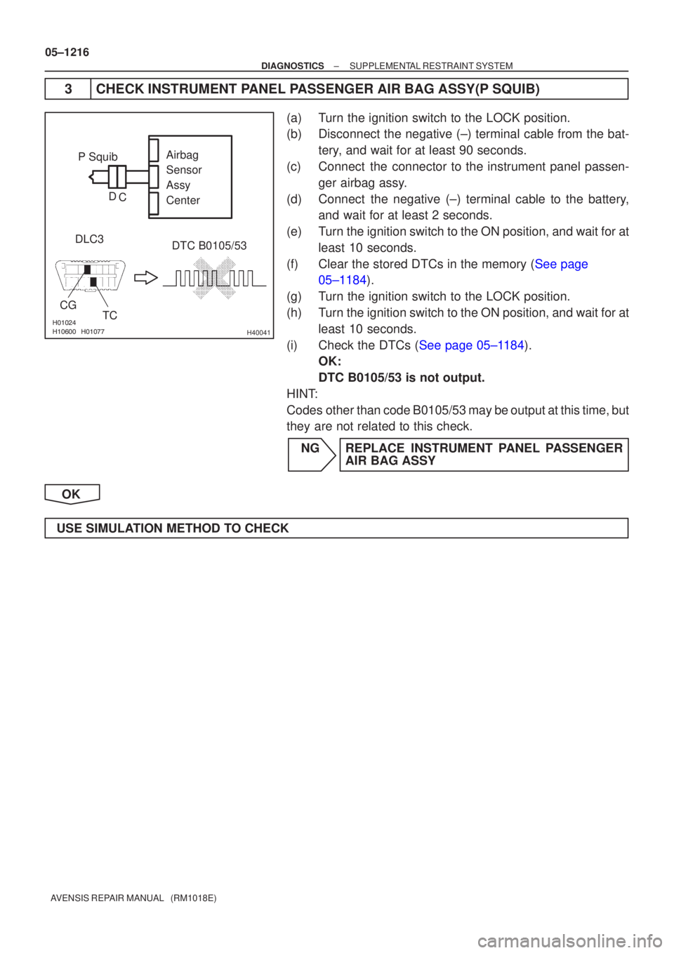 TOYOTA AVENSIS 2005 Service Repair Manual H40041
P SquibDTC B0105/53
DLC3
CG TCAirbag
Sensor
Assy
Center
C
D
05±1216
±
DIAGNOSTICS SUPPLEMENTAL RESTRAINT SYSTEM
AVENSIS REPAIR MANUAL (RM1018E)
3CHECK INSTRUMENT PANEL PAS TOYOTA AVENSIS 2005 Service Repair Manual H40041
P SquibDTC B0105/53
DLC3
CG TCAirbag
Sensor
Assy
Center
C
D
05±1216
±
DIAGNOSTICS SUPPLEMENTAL RESTRAINT SYSTEM
AVENSIS REPAIR MANUAL (RM1018E)
3CHECK INSTRUMENT PANEL PAS