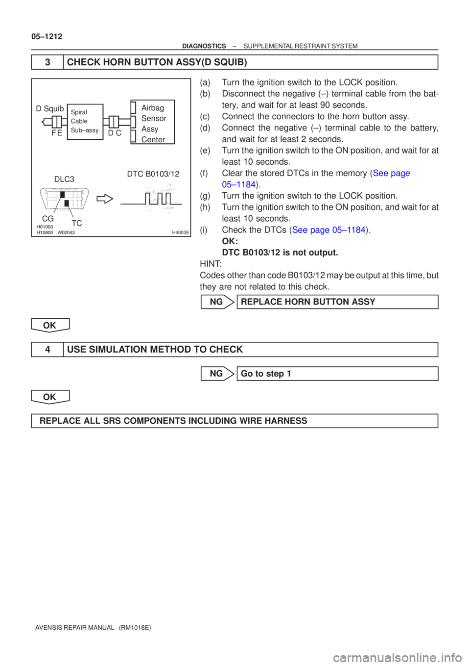 TOYOTA AVENSIS 2005 Service Repair Manual \bH40038
D SquibDLC3 DTC B0103/12
CG
TC Airbag
Sensor
Assy
Center
Spiral
Cable
Sub±assy
C
D
E
F
05±1212
±
DIAGNOSTICS SUPPLEMENTAL RESTRAINT SYSTEM
AVENSIS REPAIR MANUAL (RM1018E TOYOTA AVENSIS 2005 Service Repair Manual \bH40038
D SquibDLC3 DTC B0103/12
CG
TC Airbag
Sensor
Assy
Center
Spiral
Cable
Sub±assy
C
D
E
F
05±1212
±
DIAGNOSTICS SUPPLEMENTAL RESTRAINT SYSTEM
AVENSIS REPAIR MANUAL (RM1018E