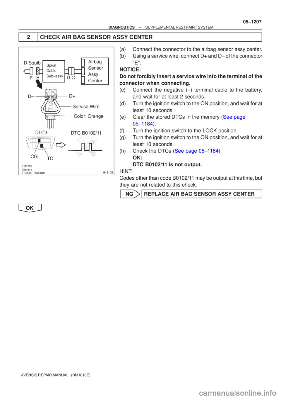 TOYOTA AVENSIS 2005 Service Repair Manual
\b
H42105
D SquibAirbag
Sensor
Assy
CenterSpiral
Cable
Sub±assy
Color: Orange
CG
TC
DLC3
DTC B0102/11
Service Wire
C
D
E
F
D± D+
±
DIAGNOSTICS SUPPLEMENTAL RESTRAINT SYSTEM
TOYOTA AVENSIS 2005 Service Repair Manual
\b
H42105
D SquibAirbag
Sensor
Assy
CenterSpiral
Cable
Sub±assy
Color: Orange
CG
TC
DLC3
DTC B0102/11
Service Wire
C
D
E
F
D± D+
±
DIAGNOSTICS SUPPLEMENTAL RESTRAINT SYSTEM